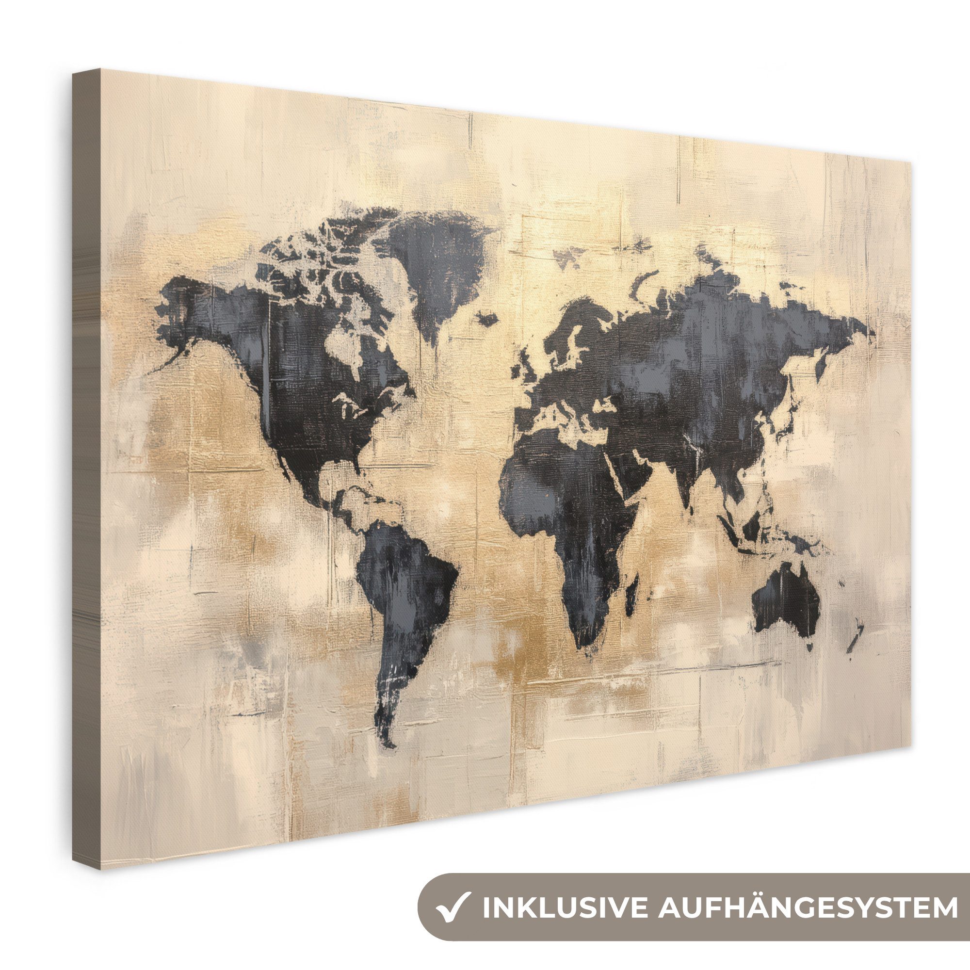 OneMillionCanvasses® Leinwandbild Weltkarte - Gold - Schwarz - Abstrakt, Fotodruck (1 St), Leinwand Bilder Klein, Wand Dekoration Aesthetic 30x20 cm