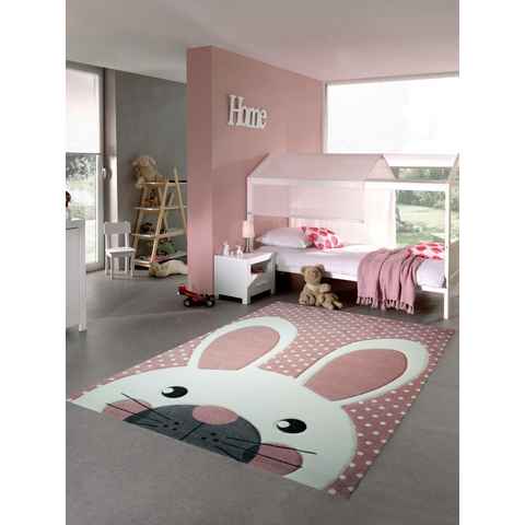 Kinderteppich Kinderteppich Spielteppich Teppich Kinderzimmer Babyteppich Hase in Rosa Creme Grau, Carpetia, rechteckig, Höhe: 13 mm