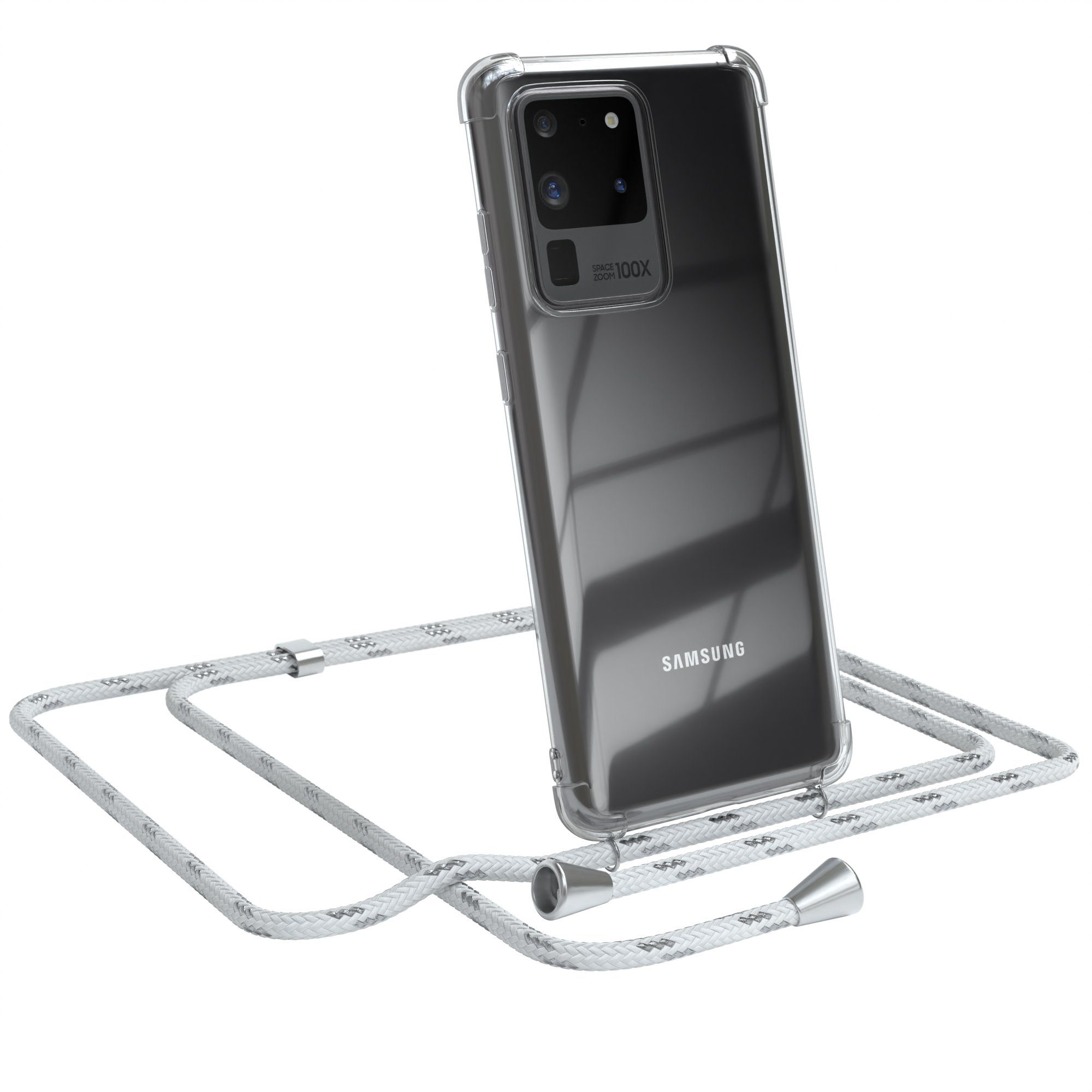 EAZY CASE Handykette Hülle mit Kette für Samsung Galaxy S20 Ultra / 5G 6,9 Zoll, Hülle Smartphonekette für Unterwegs Festivalhülle Transparent Weiß
