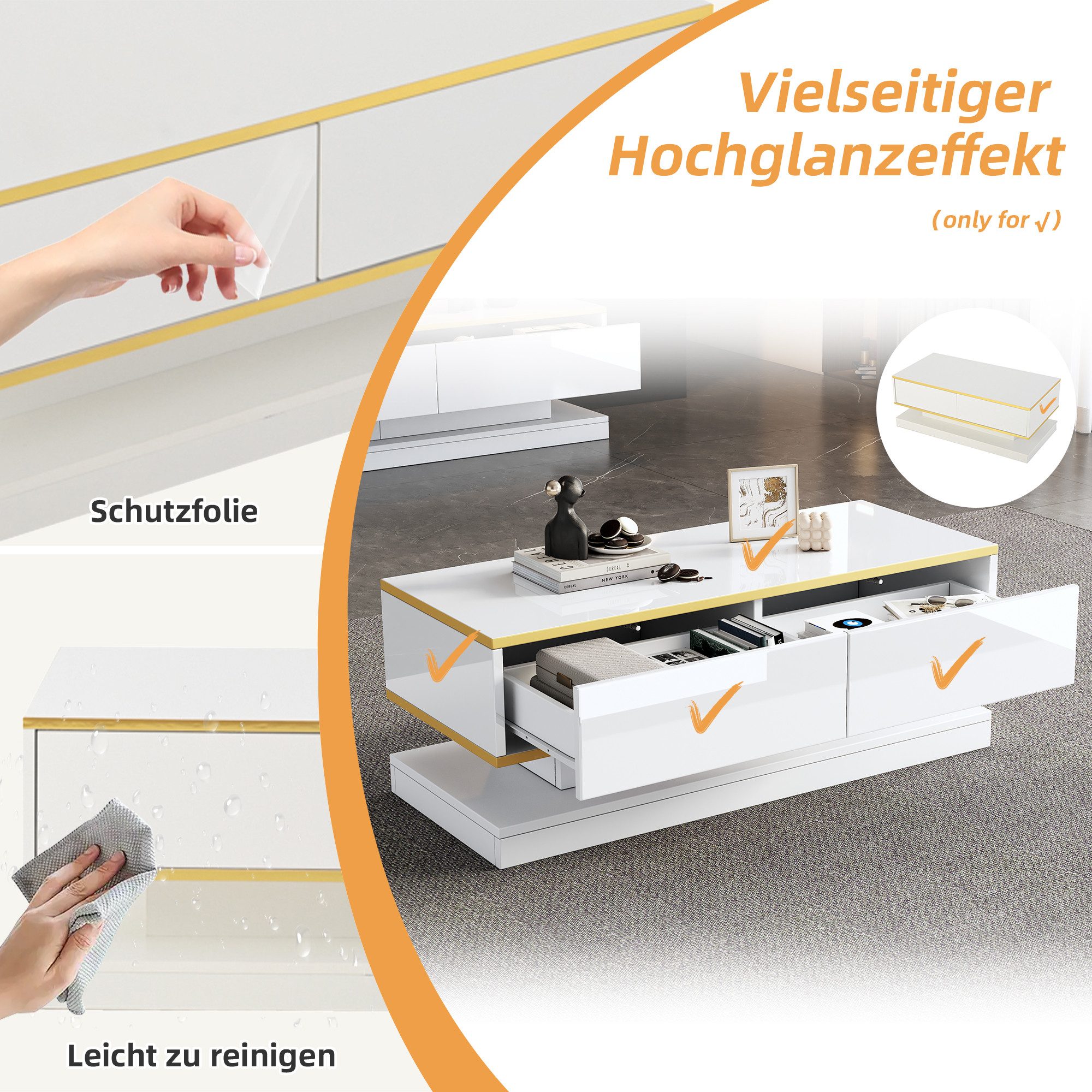 Merax Couchtisch hochglanz Sofatisch Beistelltisch in Warmweiß (1-St., 1 Tisch), Beistelltisch Wohnzimmertisch mit 2 Schubladen,Goldkante, 100x50x38cm – Bild 5 von 5