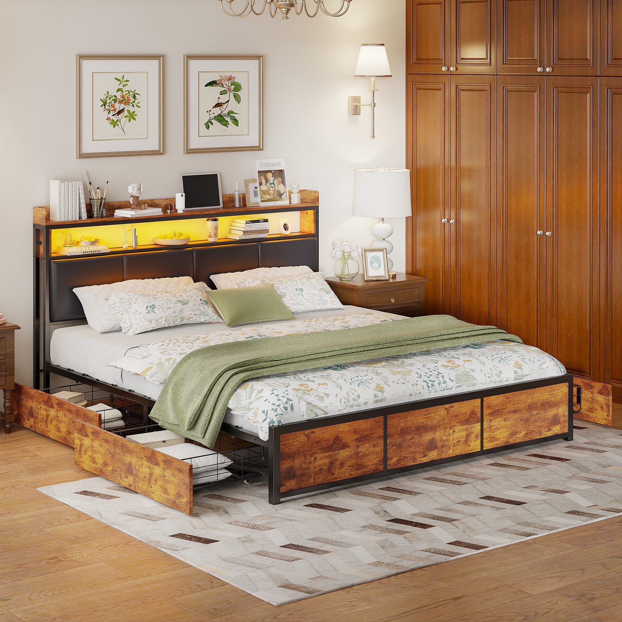 PXloue Polsterbett LED Doppelbett Metallbett Massivholzbett, Stauraumbett,M günstig online kaufen