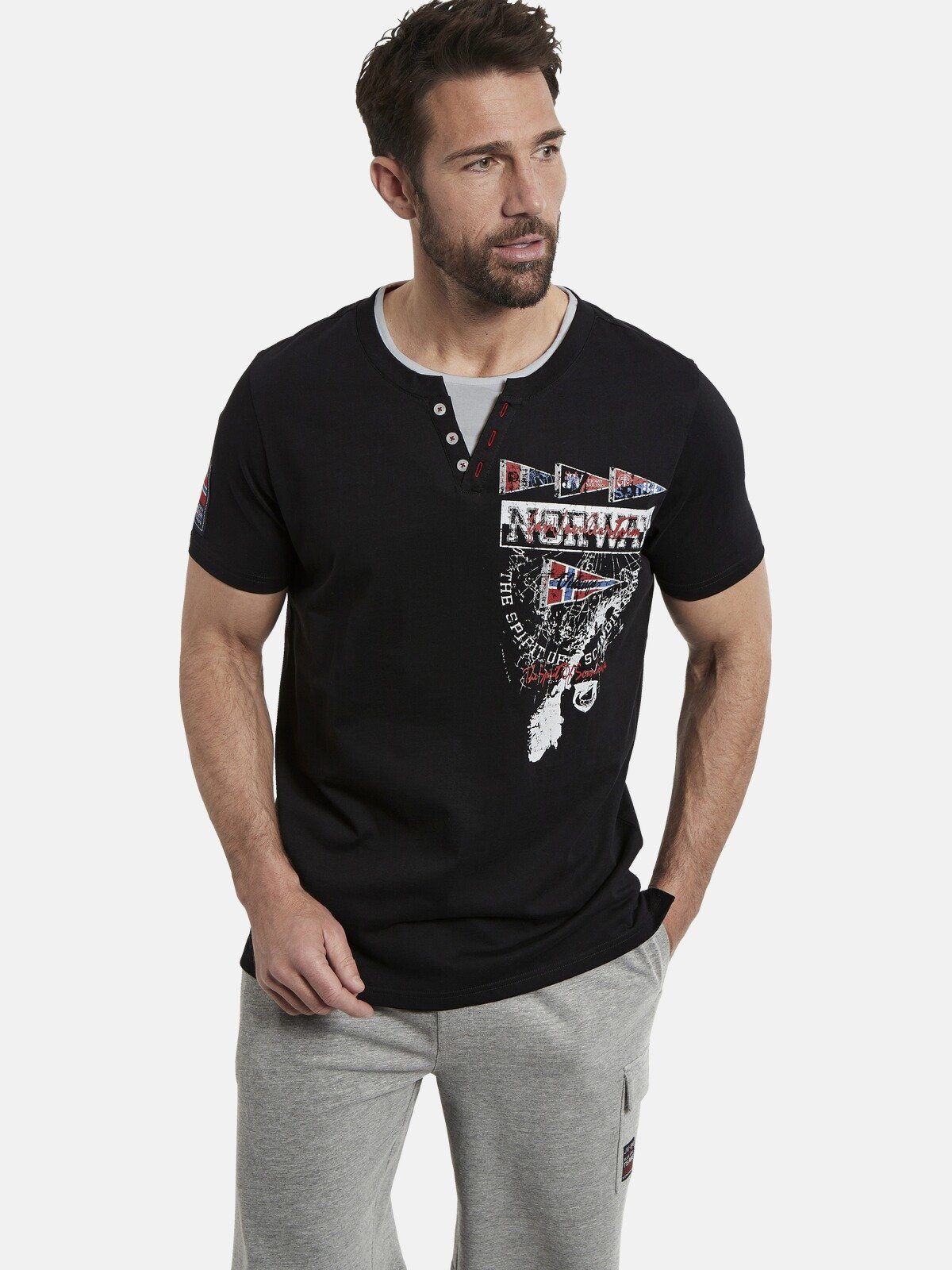 schwarz T-Shirt mit 3-fach Knopfleiste PEDER Jan Vanderstorm