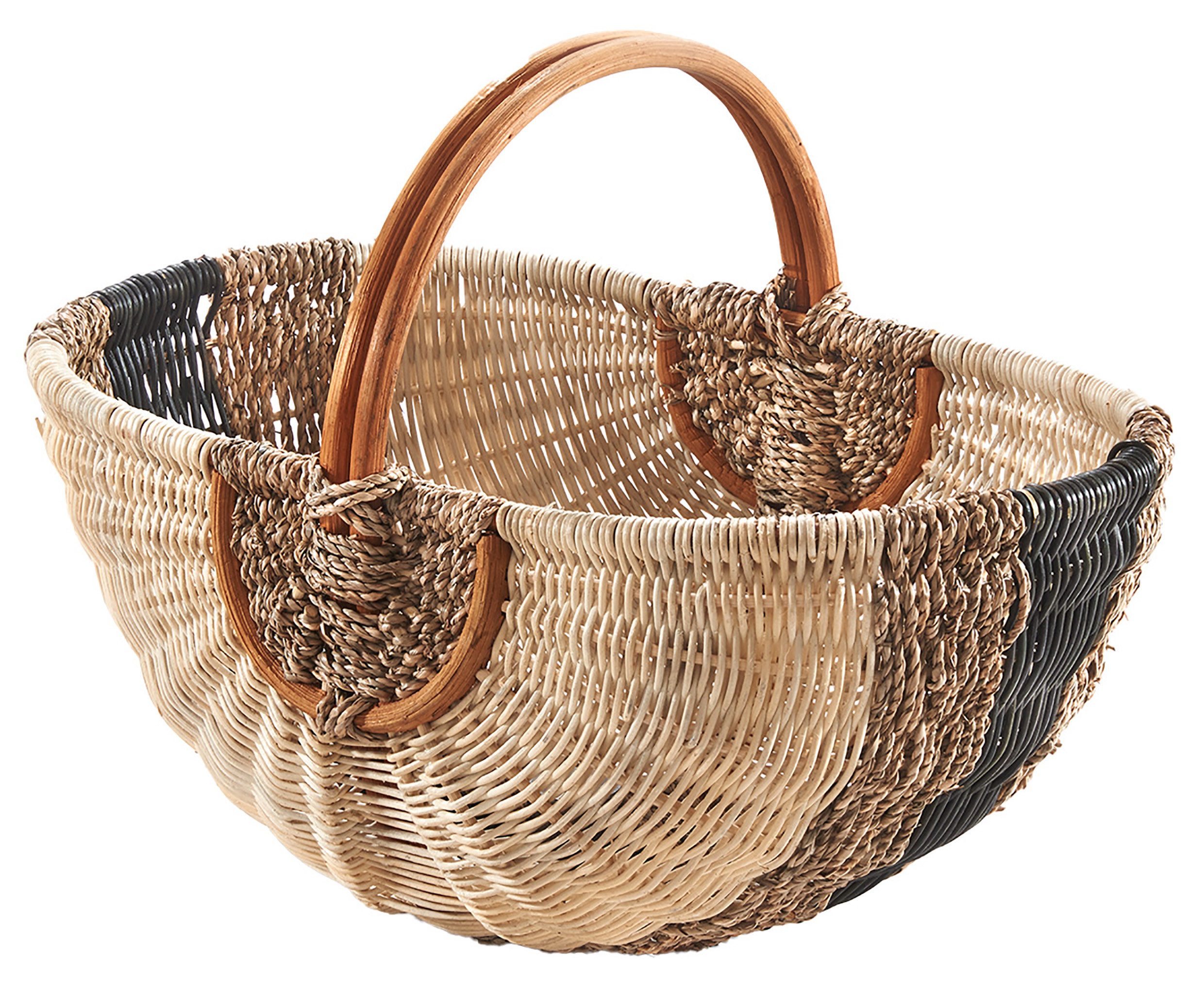 Kobolo Einkaufskorb Rattankorb Shopper 8 l beige mit olivfarbenem Seegras Tragekorb Autoko, 8 l, 49x31x19/34 cm