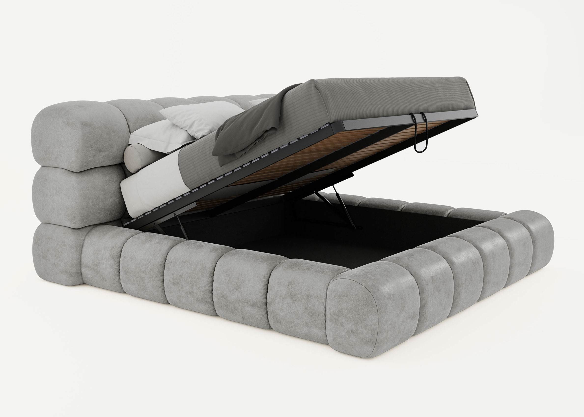 BettCo Stauraumbett Polsterbett mit Bettkasten York (in Grau Velours, 120 x 200 cm), mit Lattenrost, optionale Matratze