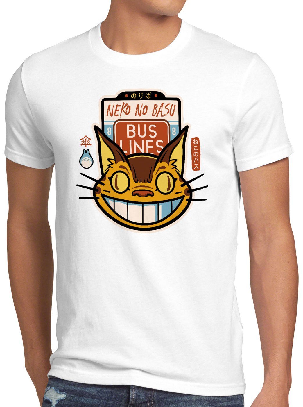 style3 Print-Shirt Herren T-Shirt Katzenbuslinie totoro anime nachbar weiß