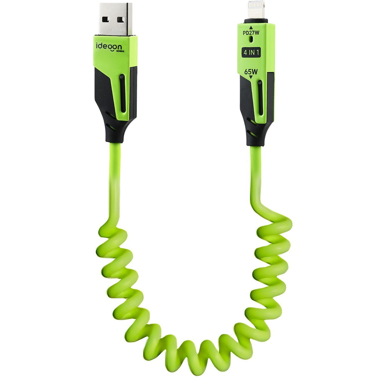 shop'n smile ideoon 4in1 Spiralladekabel 65W 1,5m USB-C auf USB-C Multi-Kabel mit Adaptern Laptop-Ladegerät (1-tlg., 1er/2er/4er-Set, 65W Multi-Spiralkabel USB-C USB-A & Lightning 1,5m flexibel TPE/Zink)