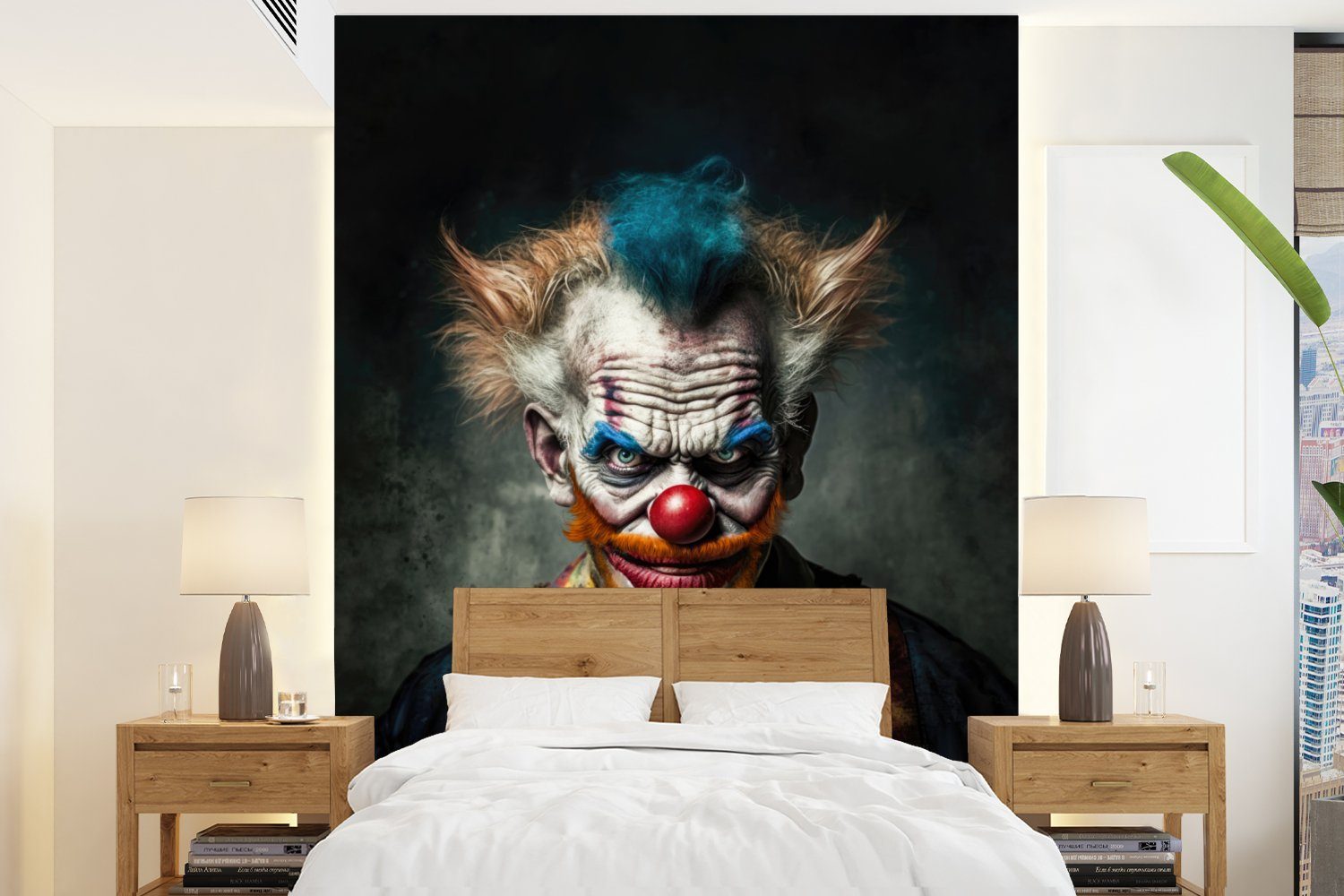 MuchoWow Fototapete Clown - Porträt - Make-up - Clownsnase - Kleidung, Matt, bedruckt, (4 St), Montagefertig Vinyl Tapete für Wohnzimmer, Wandtapete