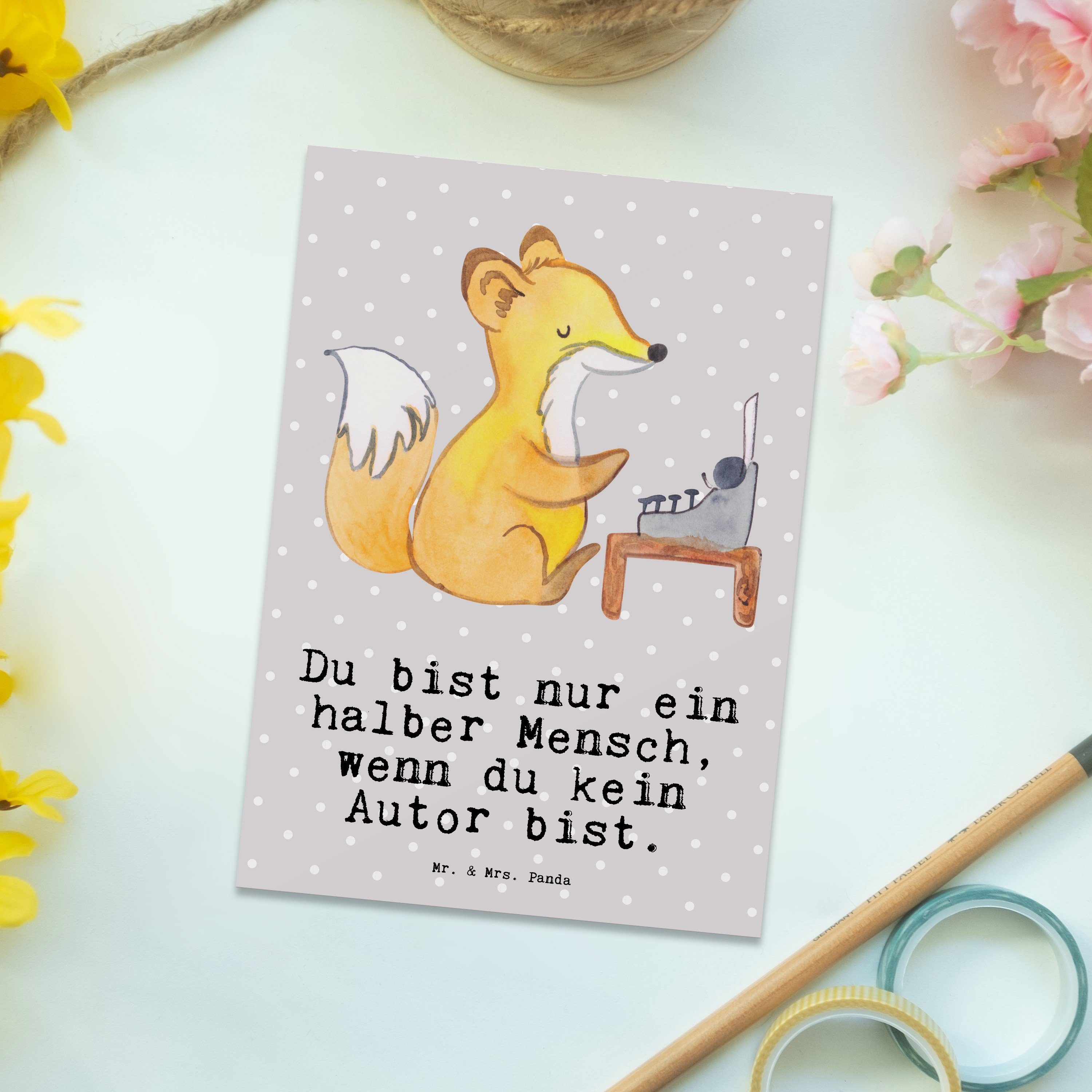 Autor - Grau Mrs. mit Schrif Postkarte Panda Pastell & Geschenk, Einladung, - Mr. Herz Schenken,