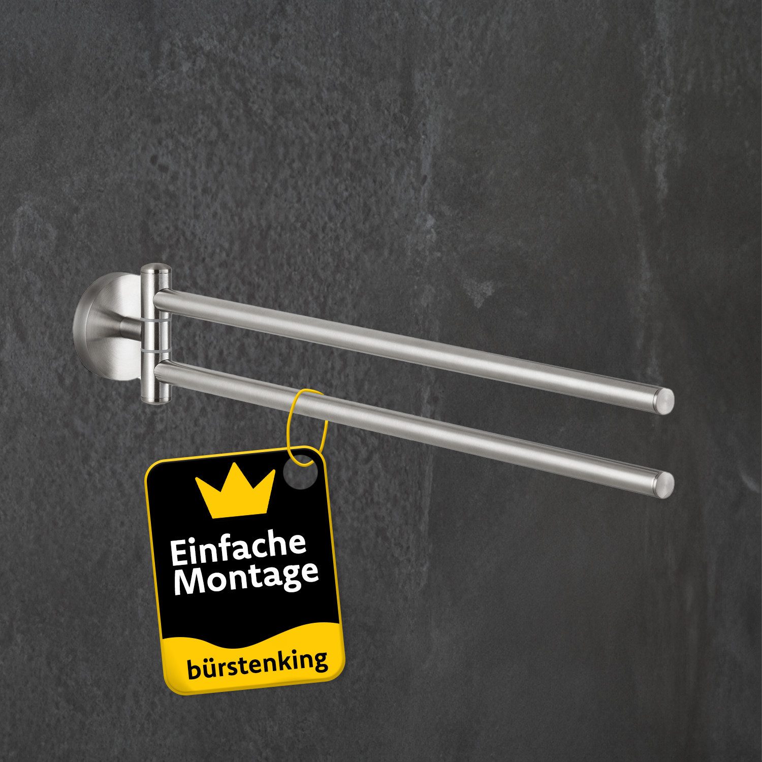 Bürstenking Doppelhandtuchhalter Handtuchhalter zweiarmig – Edelstahl gebürstet, rostfrei, Serie 190, Rostfrei, platzsparend, beweglich, langlebig