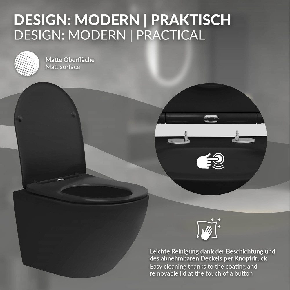 LuxeBath Tiefspül-WC Spülrandloses Hänge WC Keramik mit WC-Sitz abnehmbar Softclose, Wand-WC kurz Schwarz matt Toilette Duroplast Tiefspüler