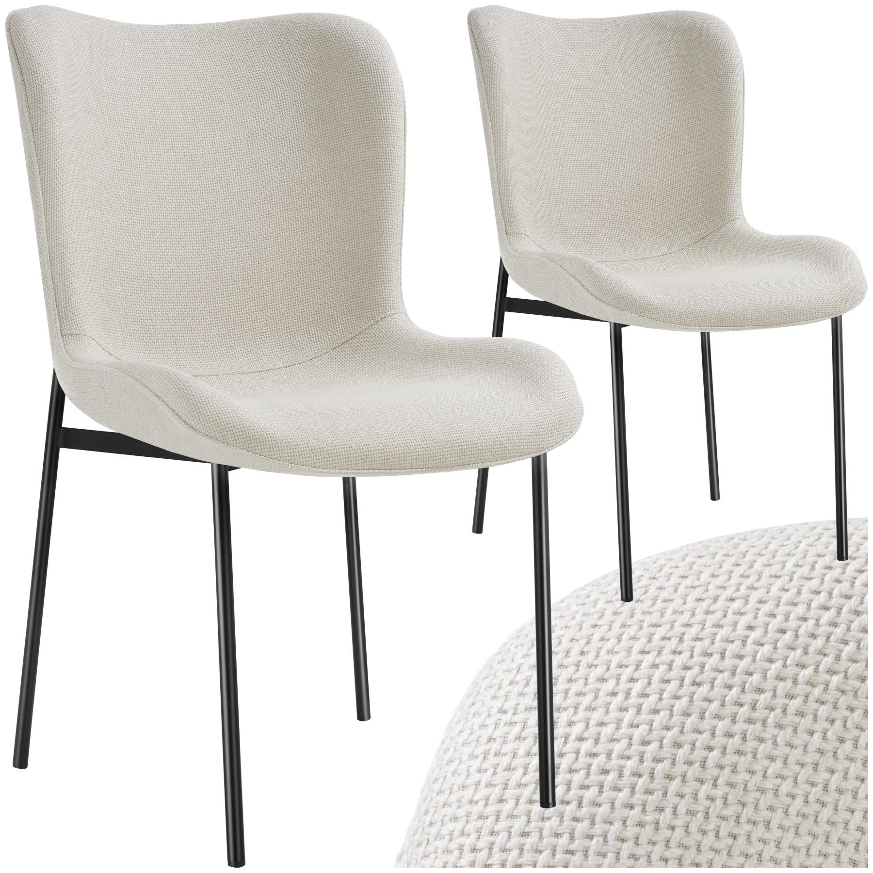 tectake Esszimmerstuhl Polsterstuhl, Belastbarkeit 120 kg, 54 x 62 x 90 cm (Lehnstuhl Tessa in Webstoff off-white/schwarz, 2 St), ergonomische Form mit hoher Rückenlehne, Stahlbeine, bodenschonend