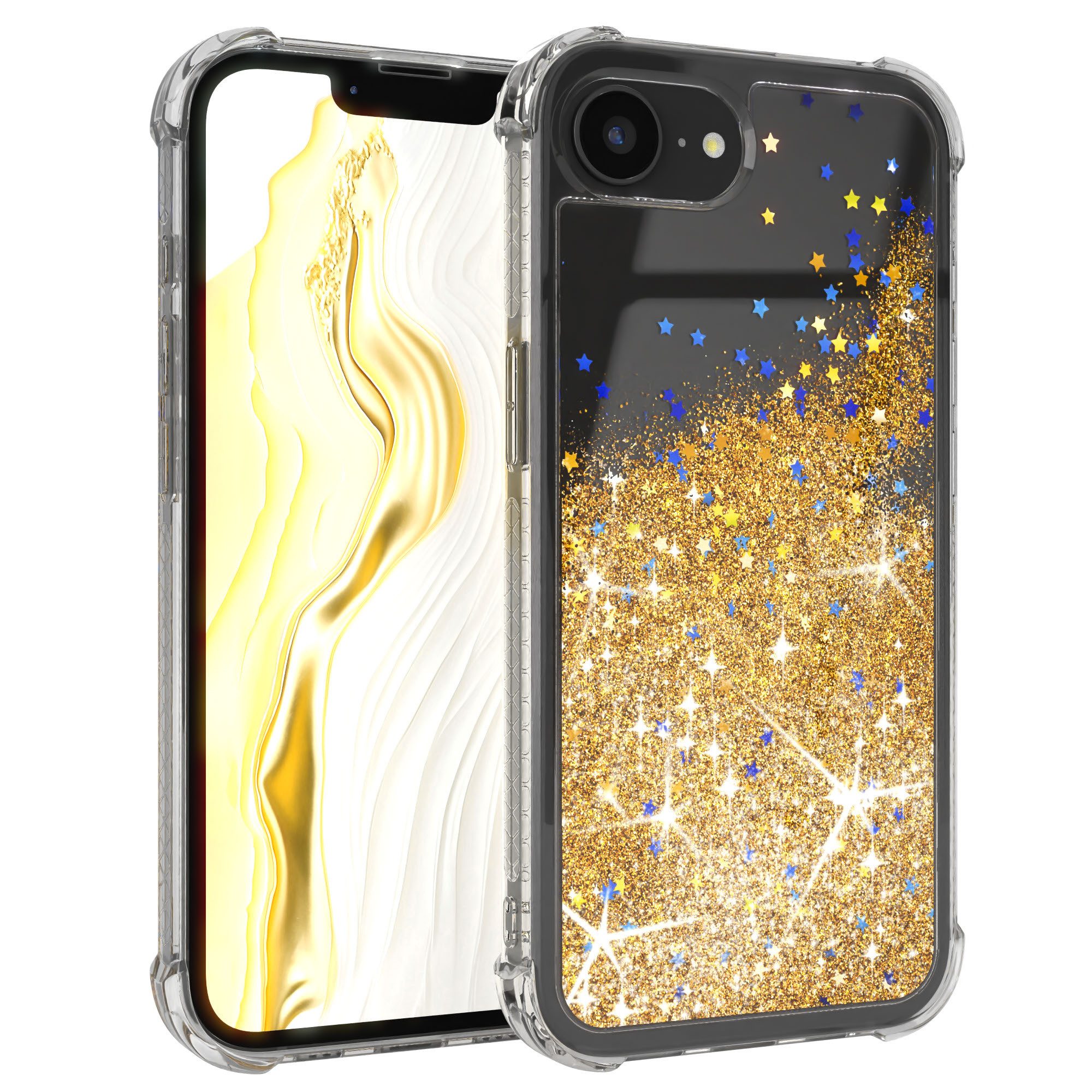 EAZY CASE Handyhülle Liquid Glittery Case für Apple iPhone 16e 6,1 Zoll, Durchsichtig Back Case Handy Softcase Silikonhülle Glitzer Cover Gold