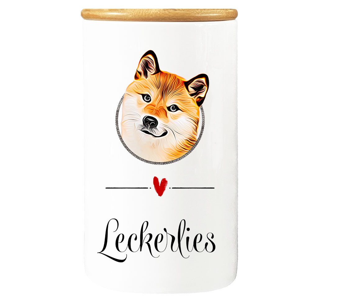 Cadouri Vorratsdose SHIBA INU - XL Leckerlidose Hund - für Hundekekse, Porzellan, (Aufbewahrungsdose für Hundeleckerlies, 2-tlg., 1x Porzellandose mit Bambusdeckel), Hundekeksdose, handgefertigt in Deutschland, für Hundebesitzer, 950 ml