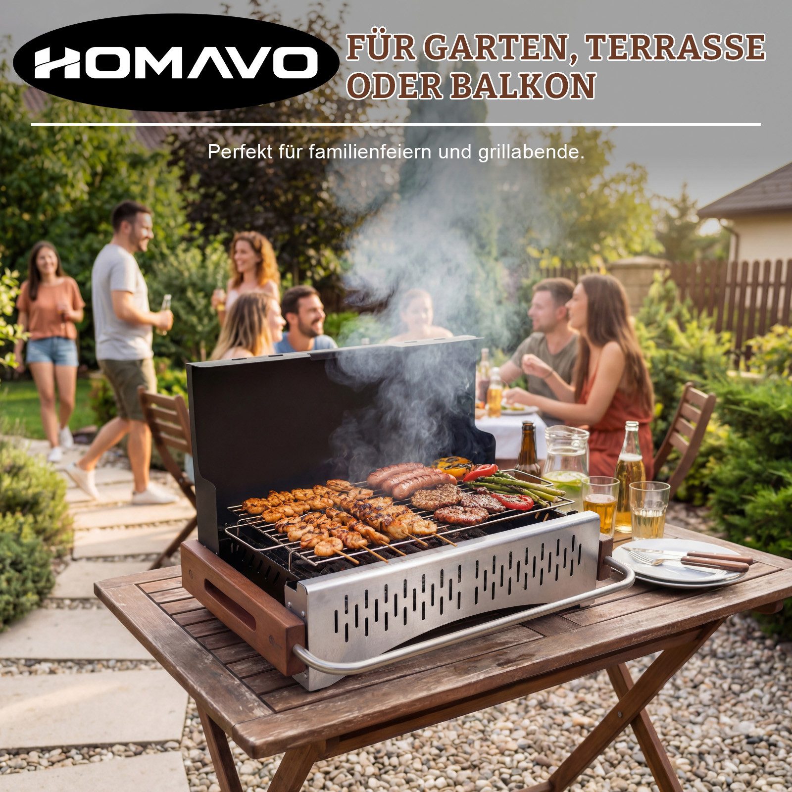 HOMAVO Holzkohlegrill Camping, tragbar & klappbar, Grillfläche: 38,15 × 20,95 cm, Optionales Grillwerkzeugset, für Camping, Picknick und Garten