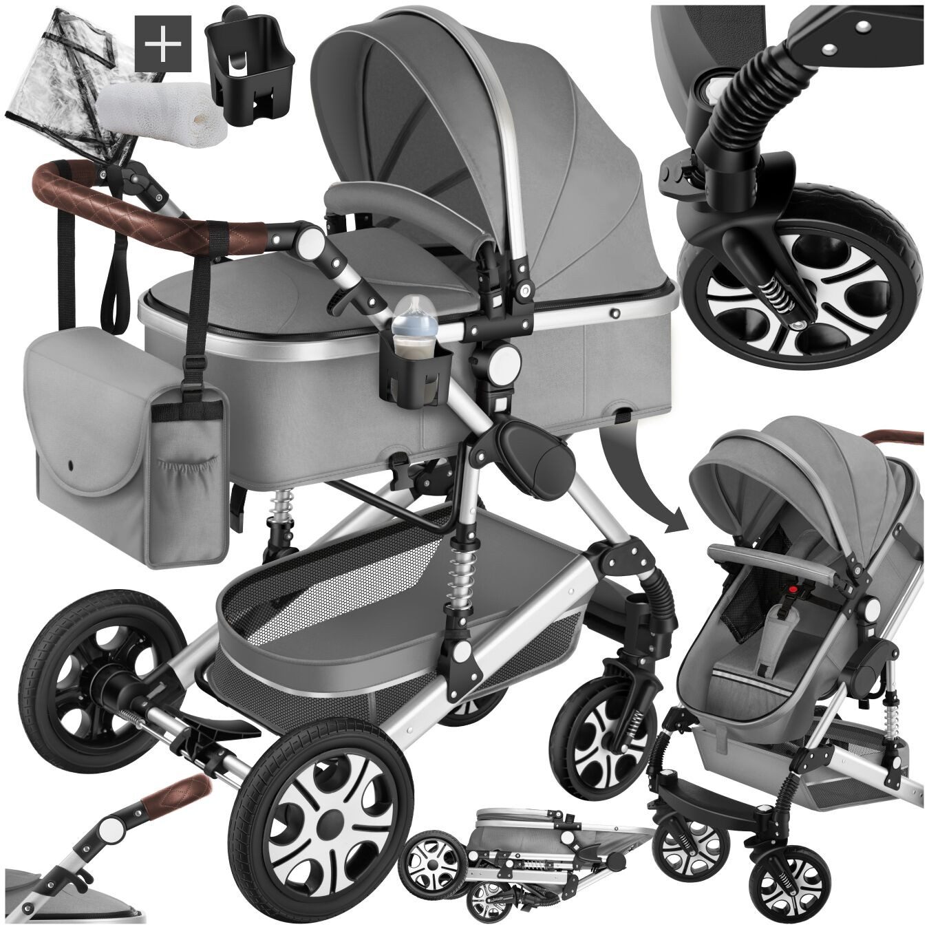tectake Kombi-Kinderwagen 2-in-1 Kinderwagen, 0–36 Monate, bis 15 kg, klappbar, 5-Punkt-Gurt, (Babywagen Mats), Alurahmen, Bremse, Schutzbügel, Verdeck, Fußsack, Korb, Regenhaube