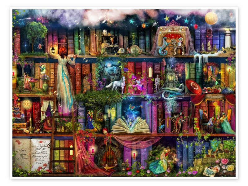 Posterlounge Poster Aimee Stewart, Das Bücherregal voller Märchen, Jungenzimmer Illustration