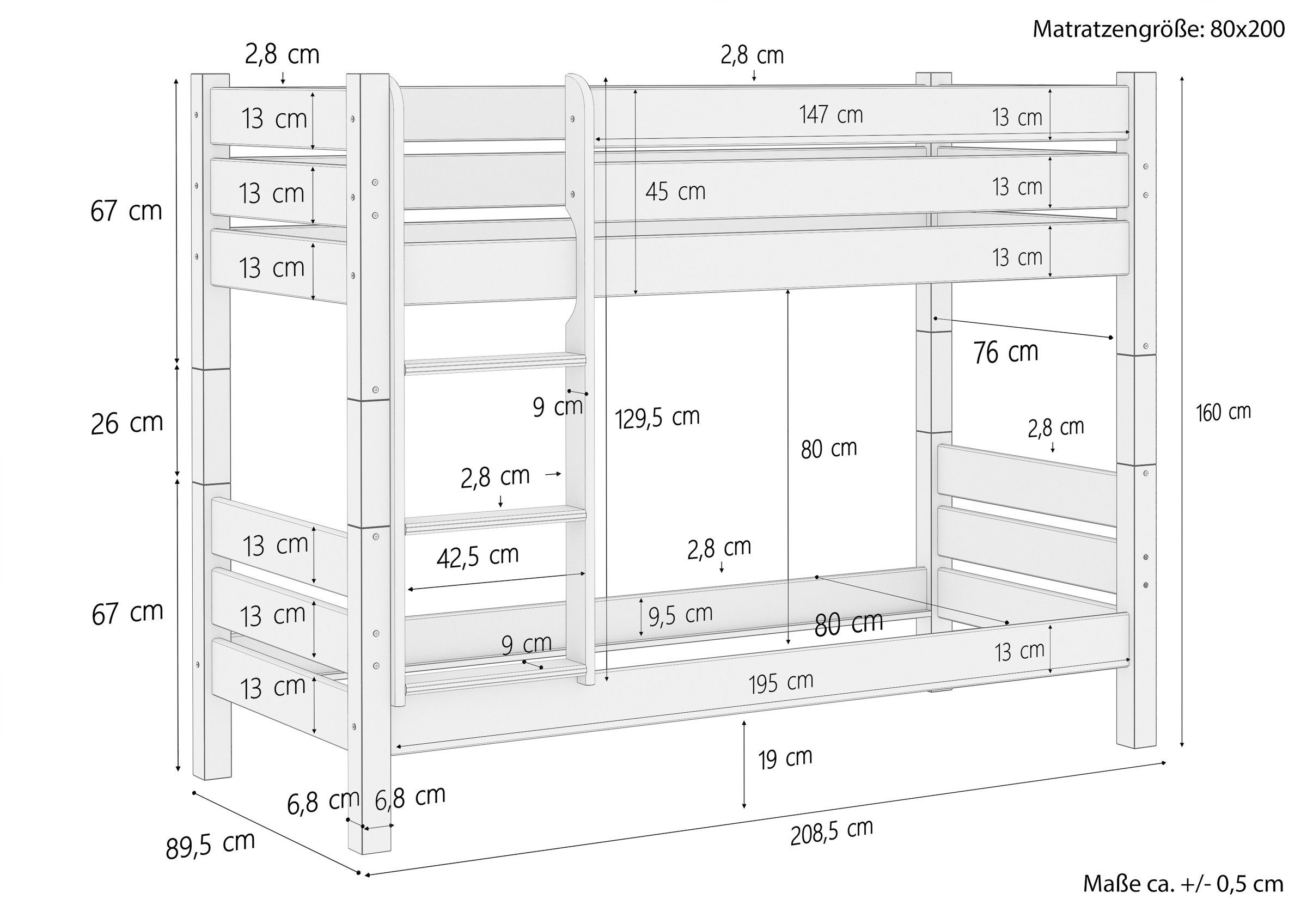 massiv ERST-HOLZ 80x200 Erwachsene Holzetagenbett Etagenbett weiß Rost mit