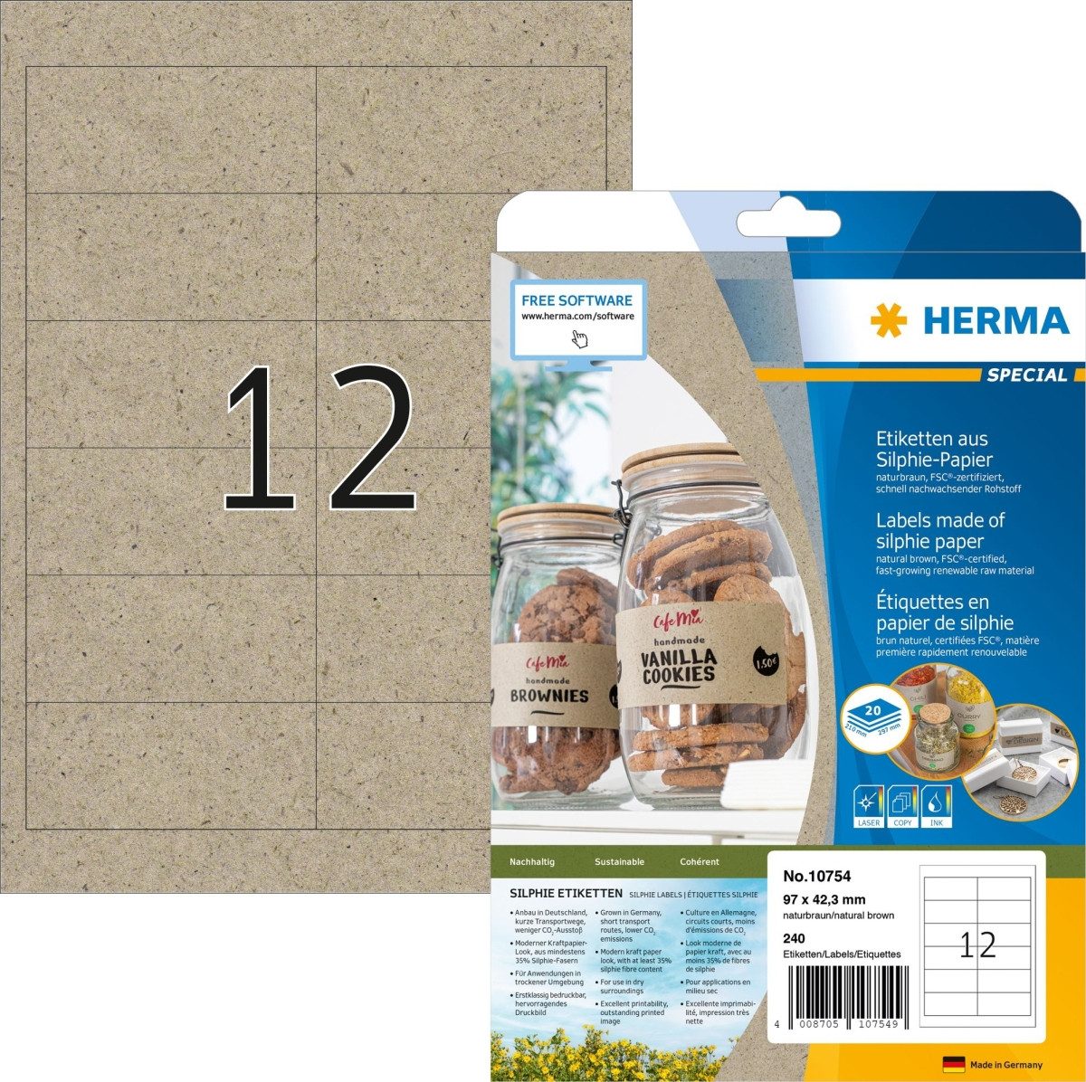 HERMA Etiketten Etiketten Silphie-Papier A4 97x42,3mm naturbraun VE=20 Blatt/240 Stück