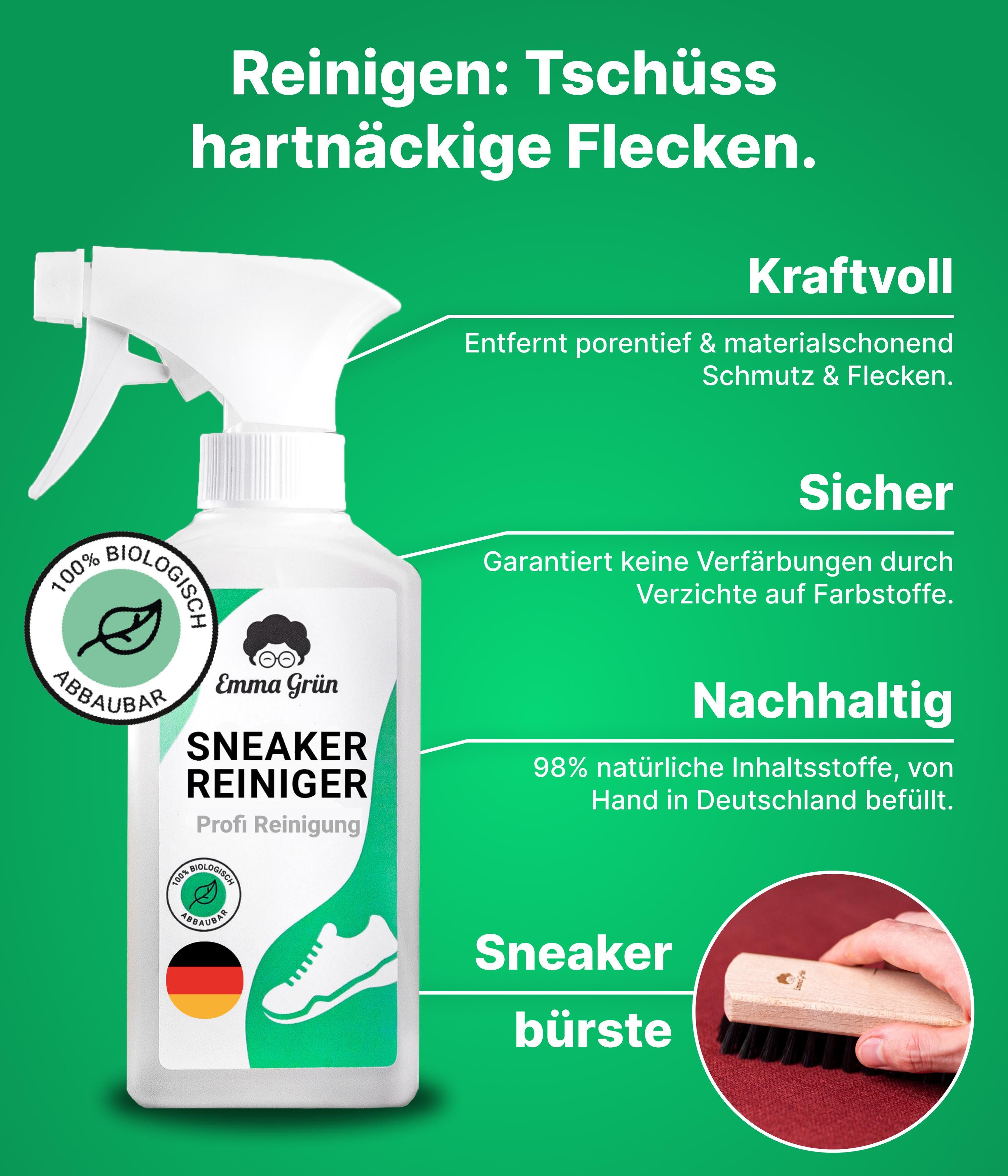 Emma Grün Sneaker-Reiniger mit Putzmittel & Zubehör, Set- Schuhreiniger (für effektive Reinigung & strahlende Sneaker, Set Made in Germany)