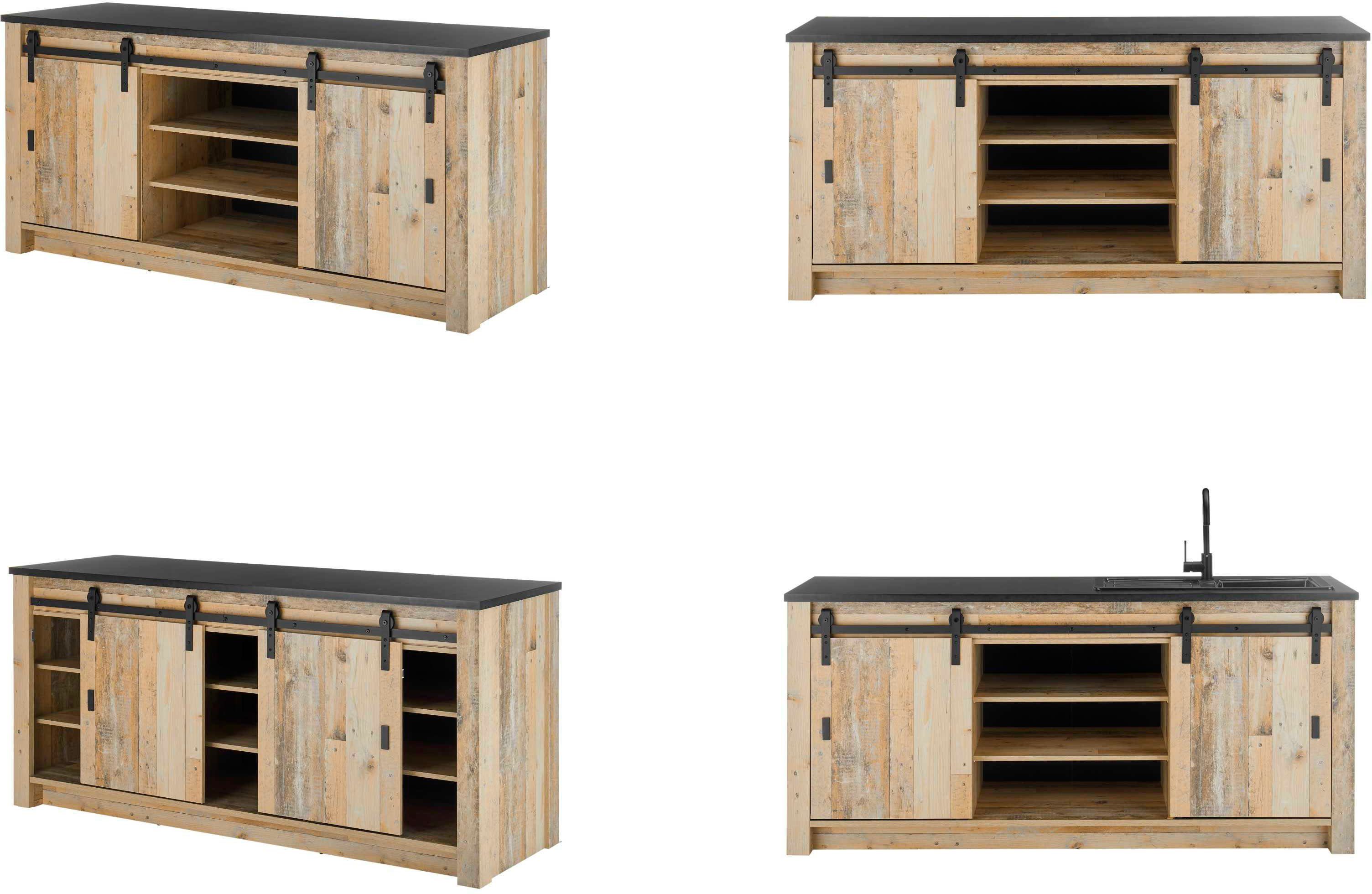 Home affaire Spülenschrank Sherwood Breite 201 cm, mit Scheunentorbeschlag aus Metall