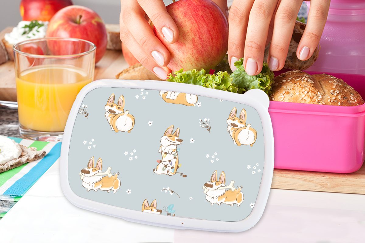 MuchoWow Lunchbox Muster Brotdose Corgi Brotbox - - rosa Mädchen - Snackbox, Kunststoff Erwachsene, Kinder, - Jungen Kunststoff, (2-tlg), - für - Mädchen, Kinder, Kinder Hund