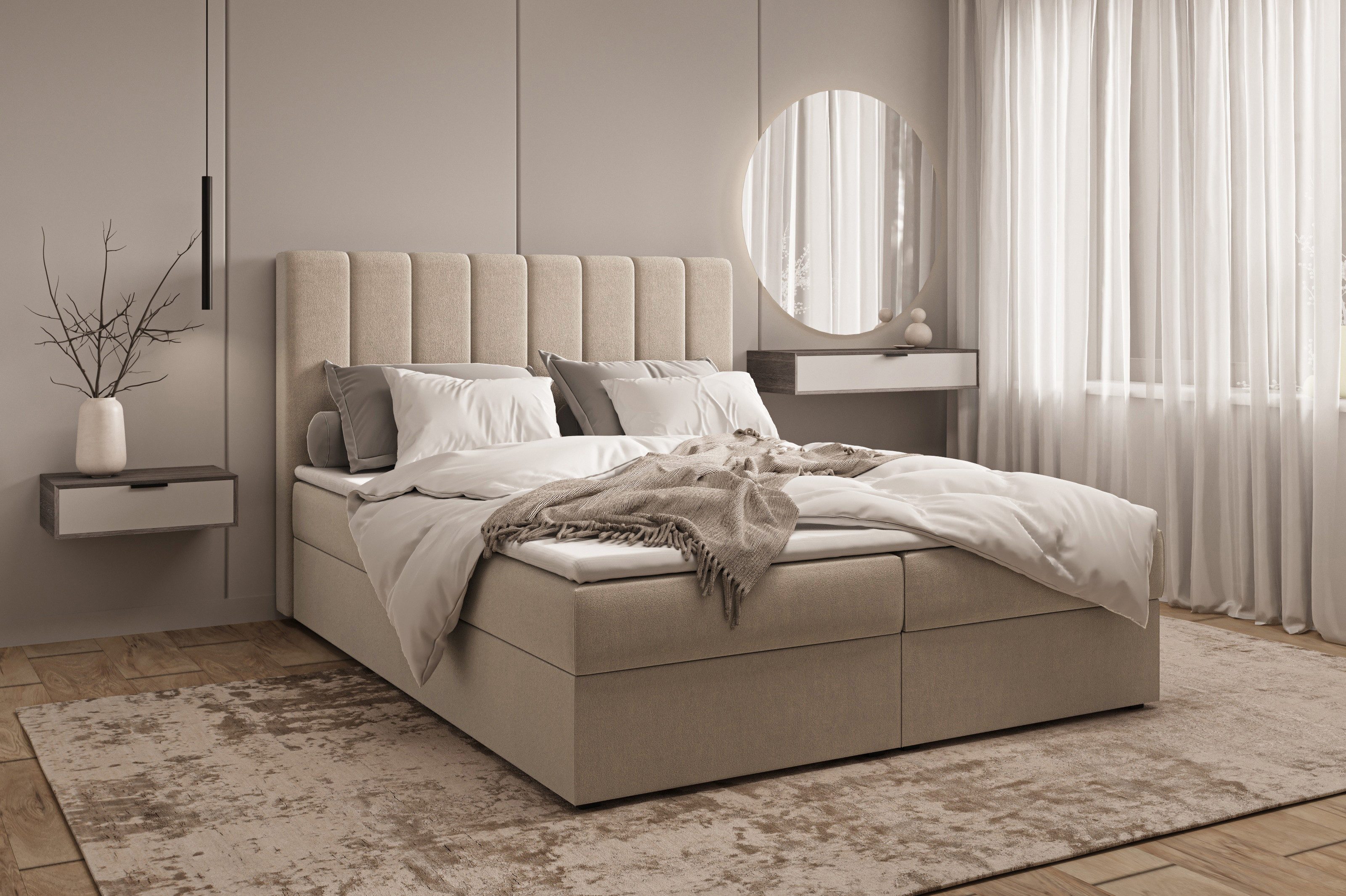 MOEBLO Boxbett Bett 01, Bonell, Topper, Beige (Trinity 2), Liegefläche 180 cm x 200 cm