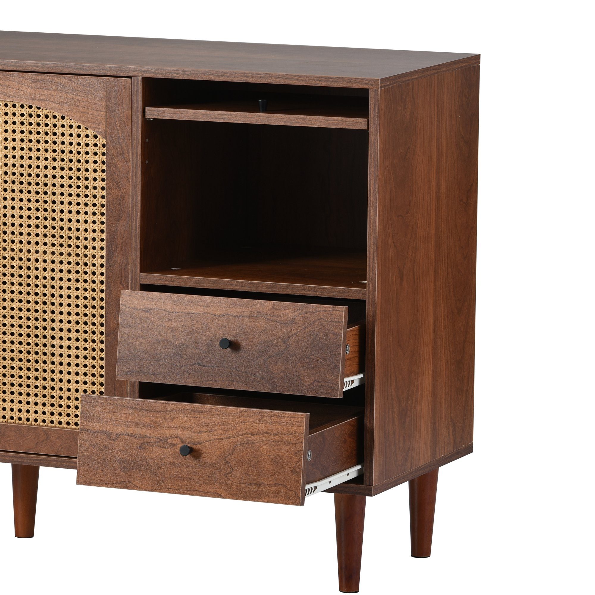 Sideboard (Kommode mit 2 Türen und 2 Schubkästen), Rattan Schubladenkommode Holz, beweglichem Laminat, Breite 130 cm