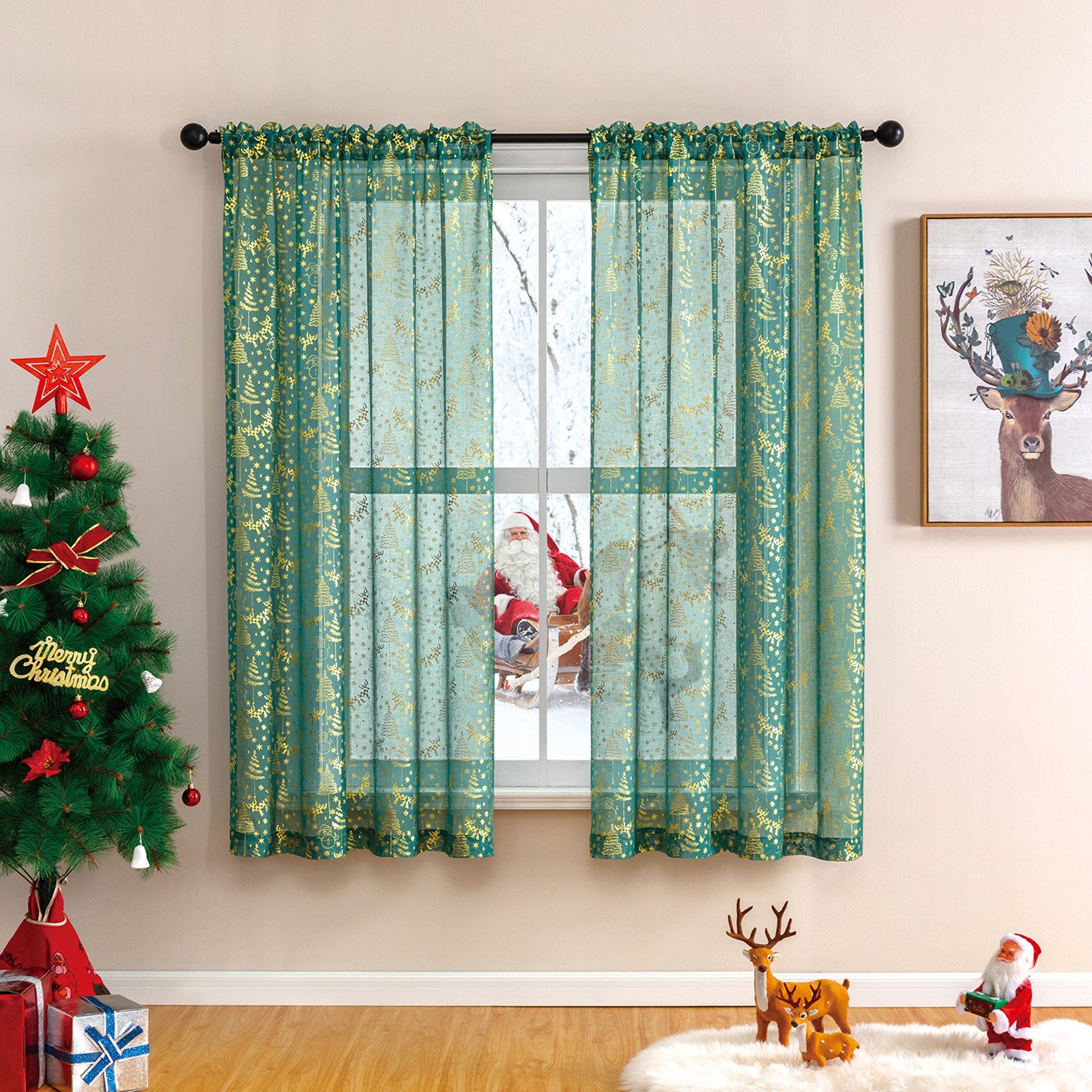 BTTO V&G Gardine Voile Gardinen Weihnachten Vorhänge Transparent Wohnzimmer günstig online kaufen