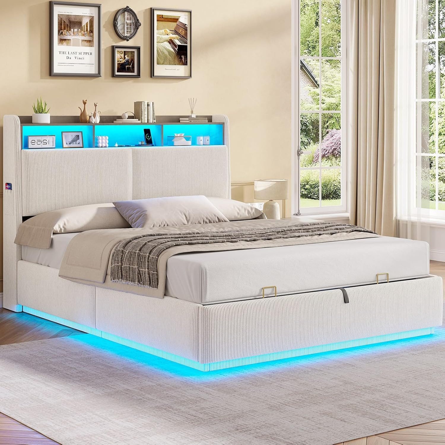 MSMASK Polsterbett Hydraulisches Stauraumbett mit LED Beleuchtung und Steckdosen (1-tlg., Ohne Matratze), Jugendbett mit Stauraum Kopfteil, 140x200cm – Bild 4 von 5