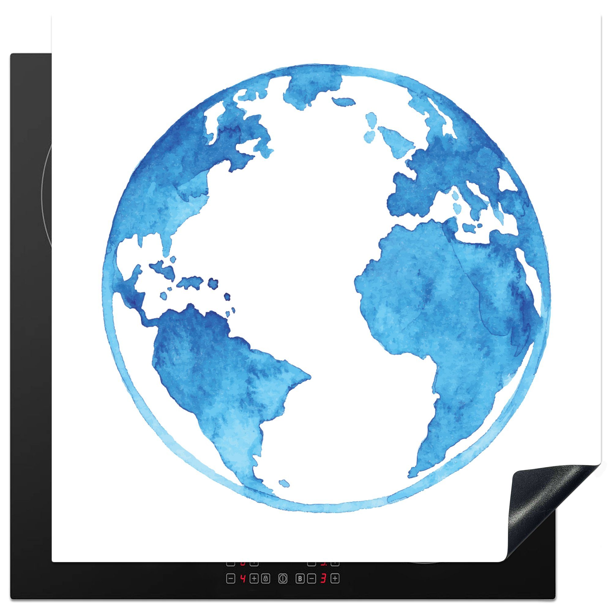 MuchoWow Herdblende-/Abdeckplatte Aquarell - Globus - Blau, Vinyl, (1 tlg), 78x78 cm, Ceranfeldabdeckung, Arbeitsplatte für küche