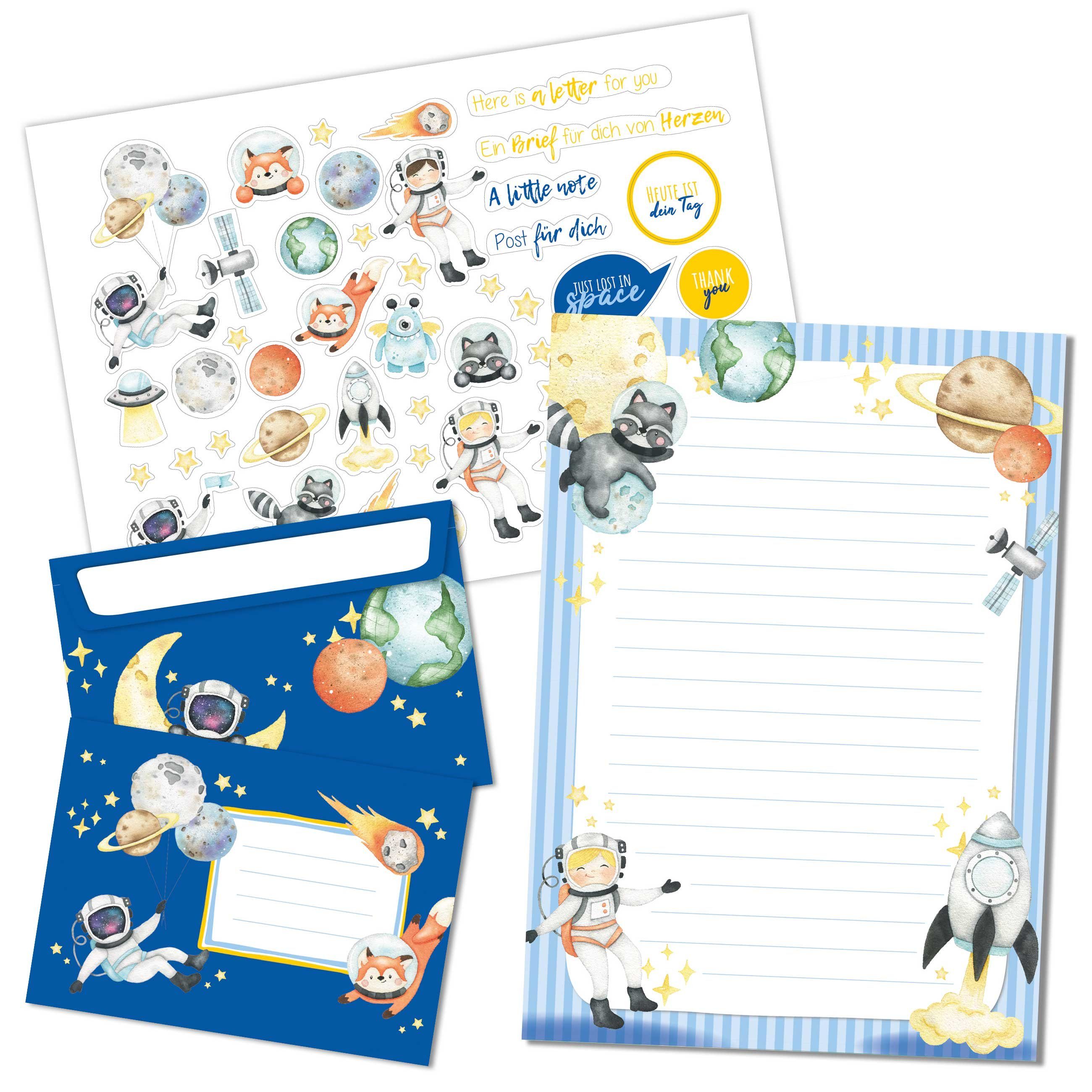 PAPIERDRACHEN Briefpapier Briefblock Set - 50 bunt bedruckte Briefbögen -Briefpapier, Briefpapier mit Stickerbogen - 20 bedruckte Umschläge