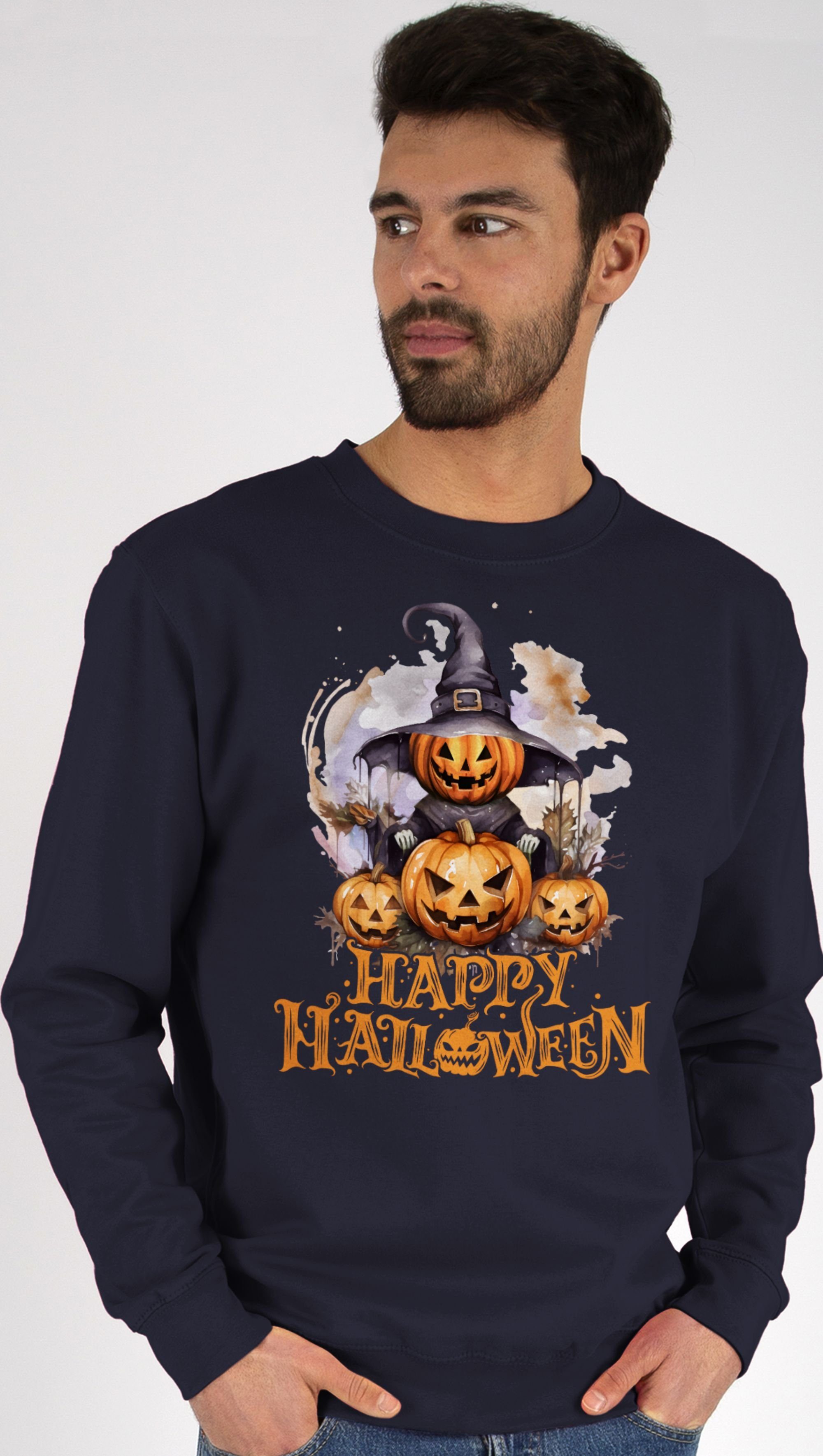 Shirtracer Sweatshirt Happy Halloween Hexe Kürbiskopf Kürbis Gruselig (1-tlg) Halloween Kostüme Damen 3 Dunkelblau