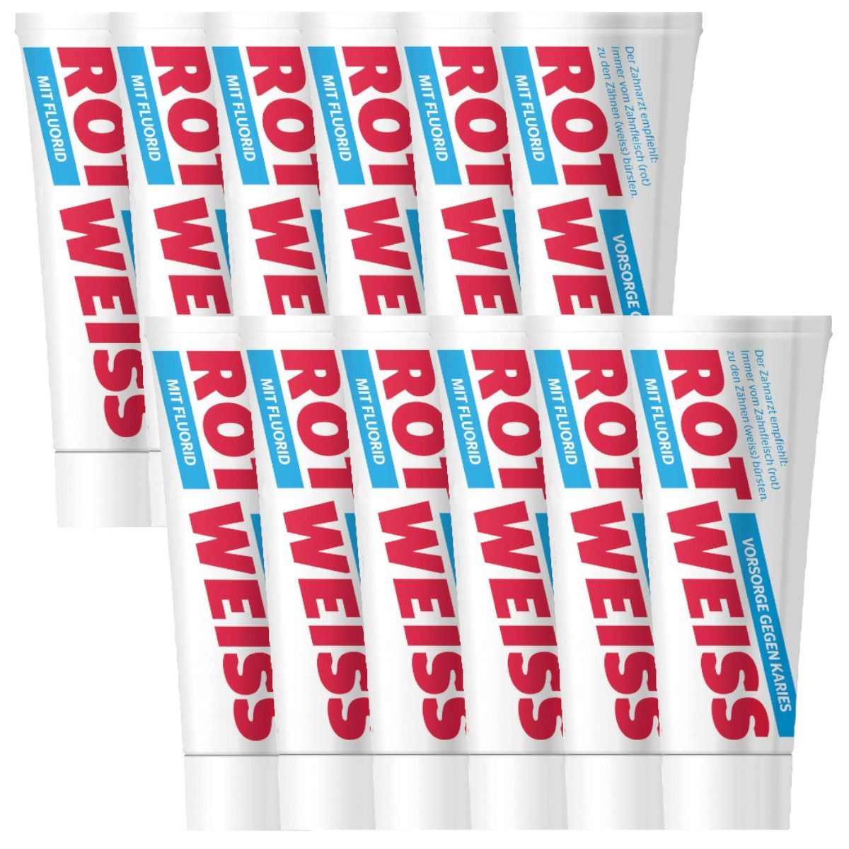 Rot Weiss Zahnpasta Zahncreme mit Fluor 12er Pack, (Vorteilspack, 1-St) mit Fluor, 100ml je Tube, ohne Microplastik