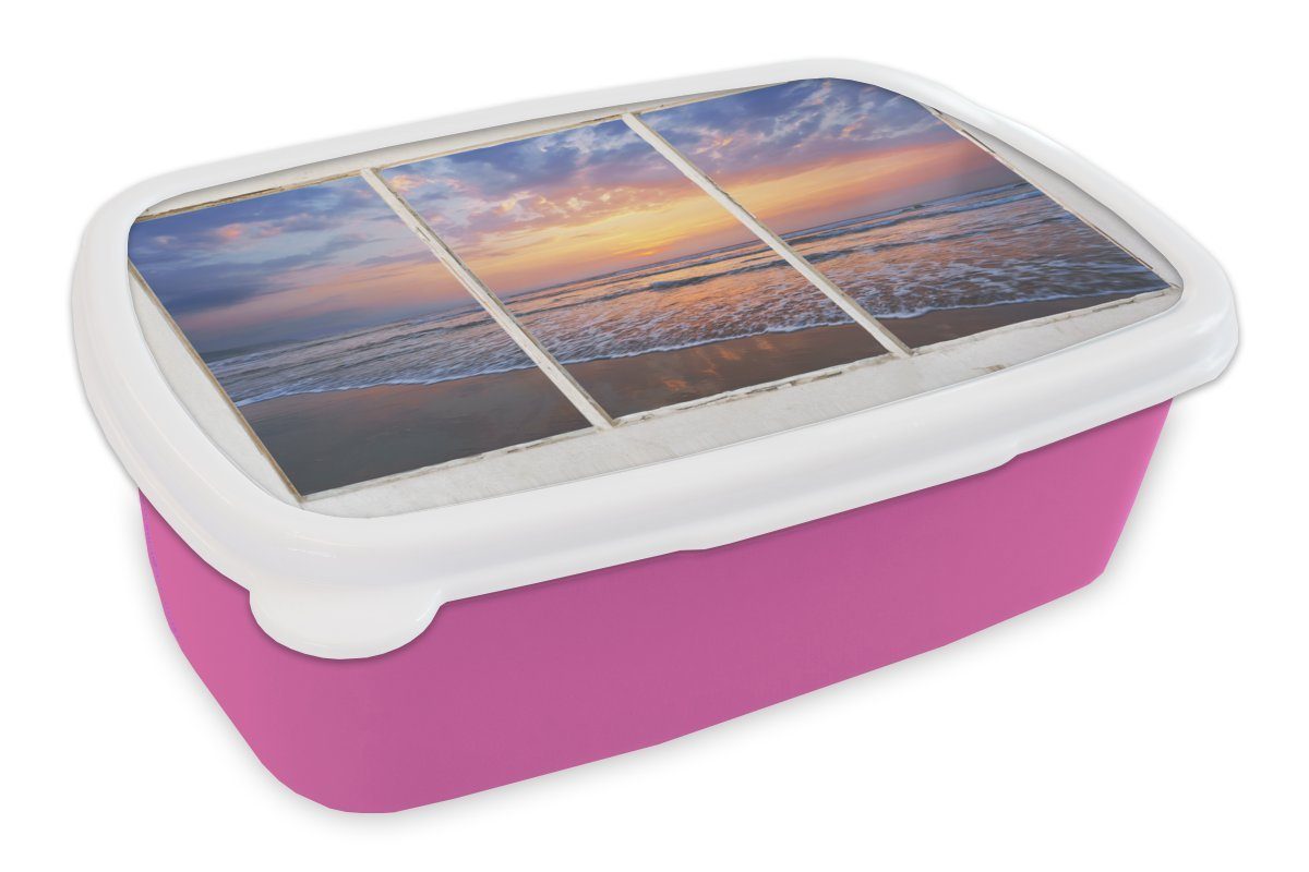 MuchoWow Lunchbox (2-tlg), rosa für Brotbox Erwachsene, - Strand, Mädchen, Snackbox, Kunststoff, - Kunststoff Brotdose Aussicht Meer Kinder