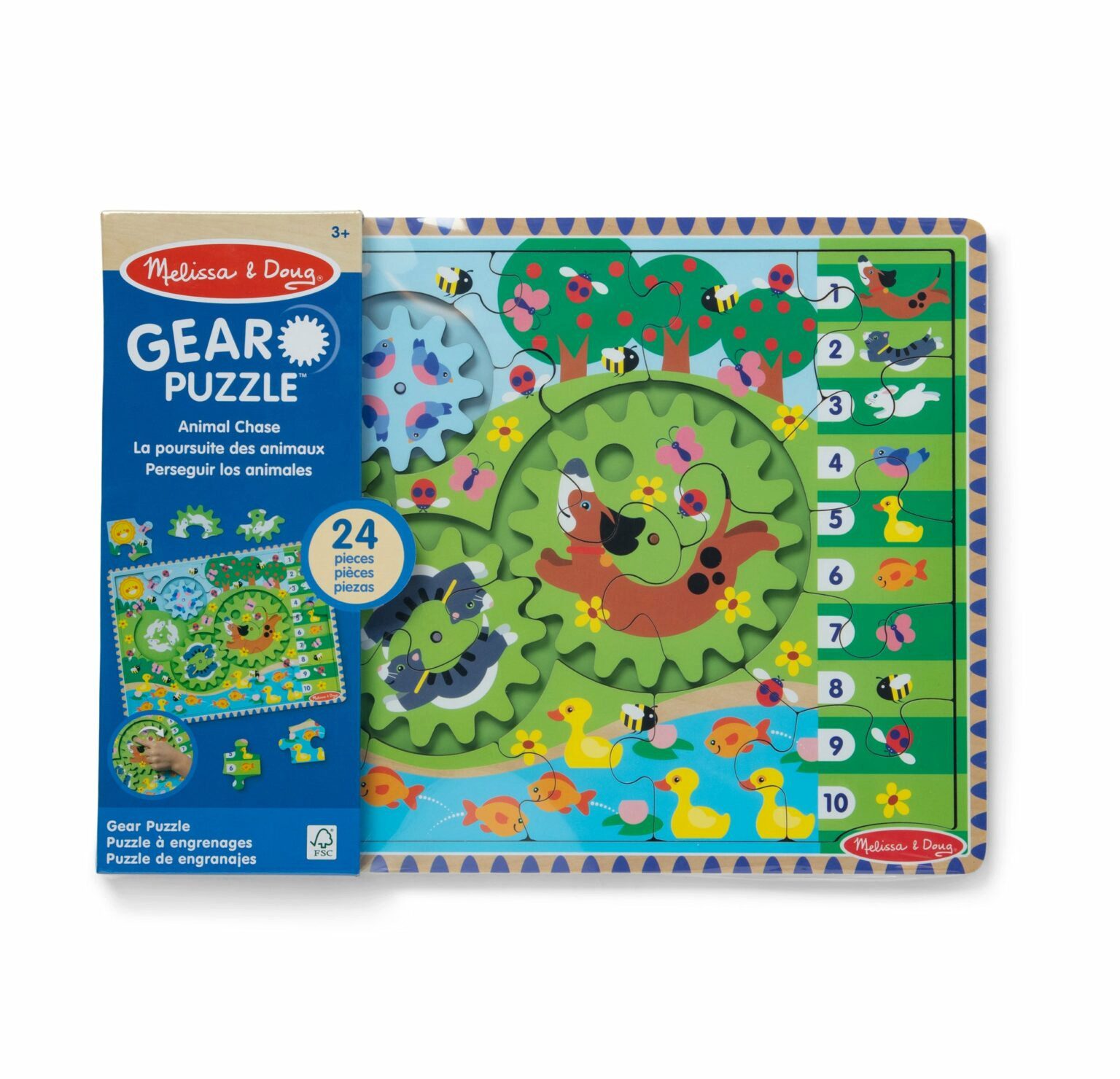 Melissa & Doug Steckpuzzle Tierjagd aus Holz mit drehenden Zahnrädern, 24 Puzzleteile, Holz