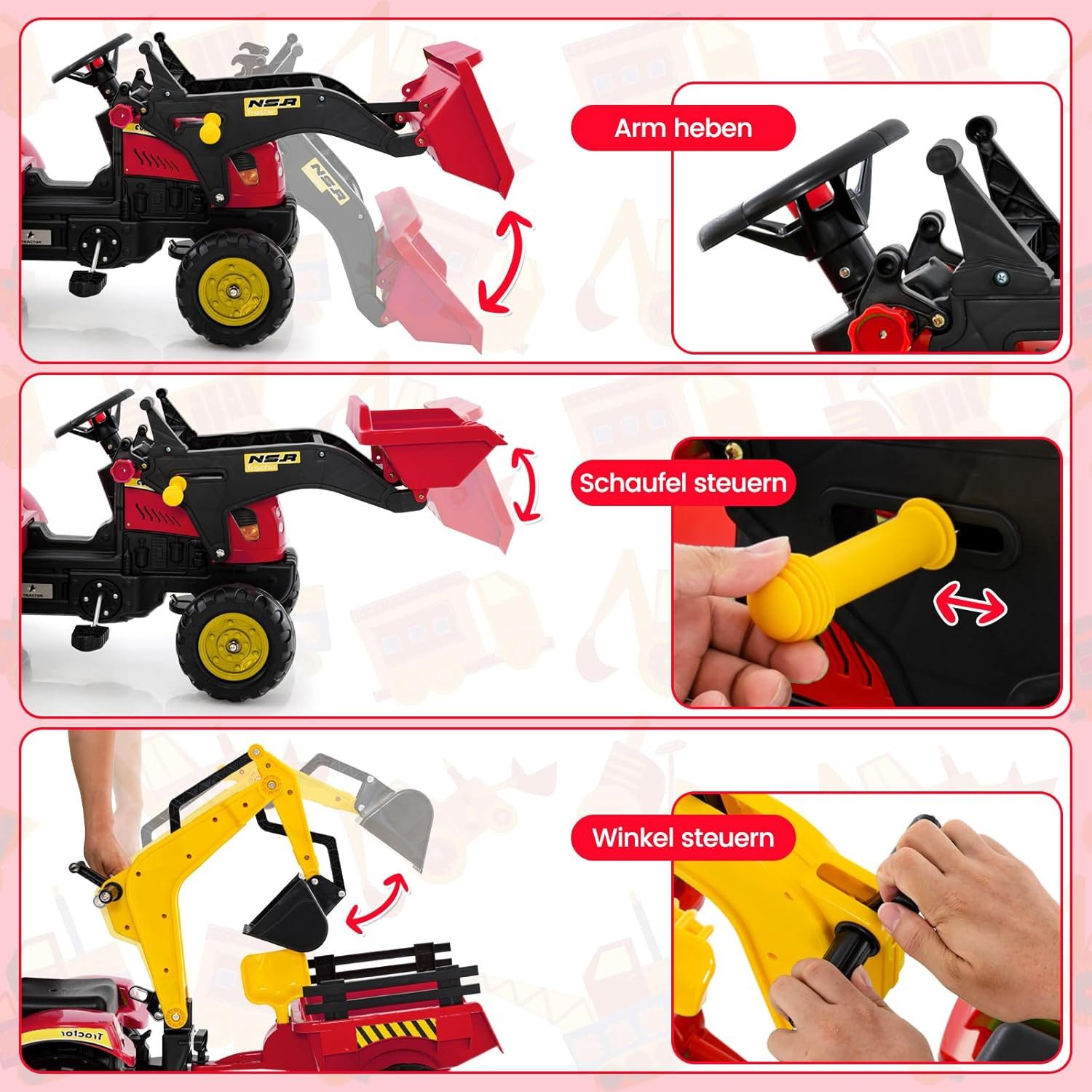 KOMFOTTEU Trettraktor 3 in 1 Kindertraktor, mit 6 Rädern & Verstellbarer Grabschaufel & abnehmbarem Anhänger