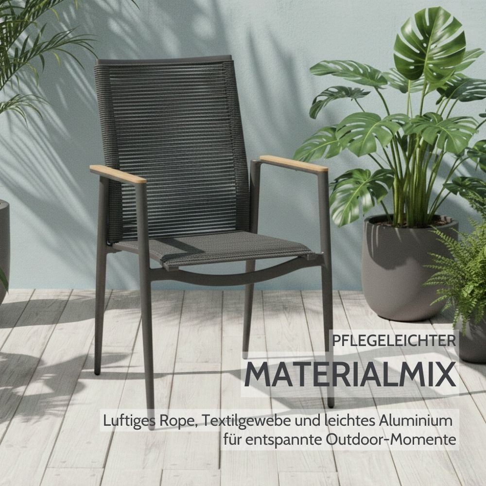 Liadomo Gartenstuhl Mannoli (2 St), Rope und Textilgewebe, Armlehnen Teak, stapelbar