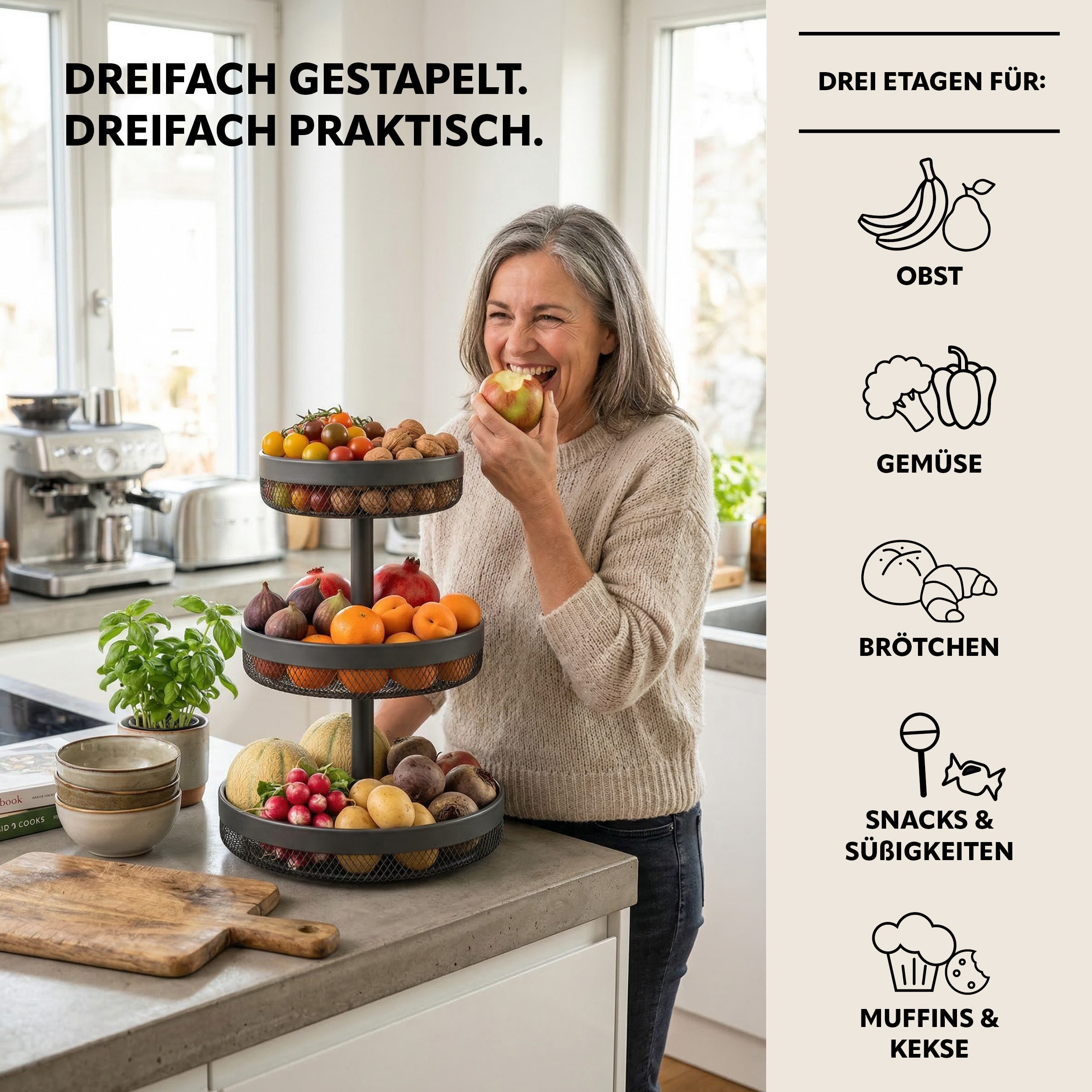 eluno Obstschale rund 3-stöckig, Ø 20 cm, 25 cm und 30 cm, Metall