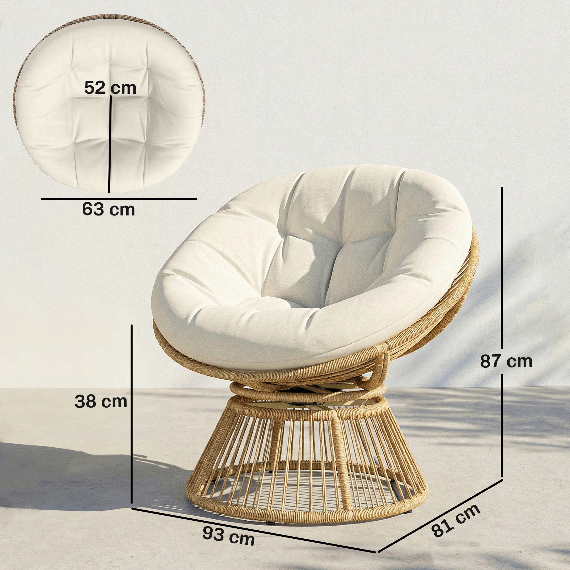 Outsunny Gartensessel runder Rattansessel Loungesessel aus Polyrattan für Wohnzimmer (Korbsessel, 1-St., Papasansessel), Cremeweiß – Bild 3 von 5