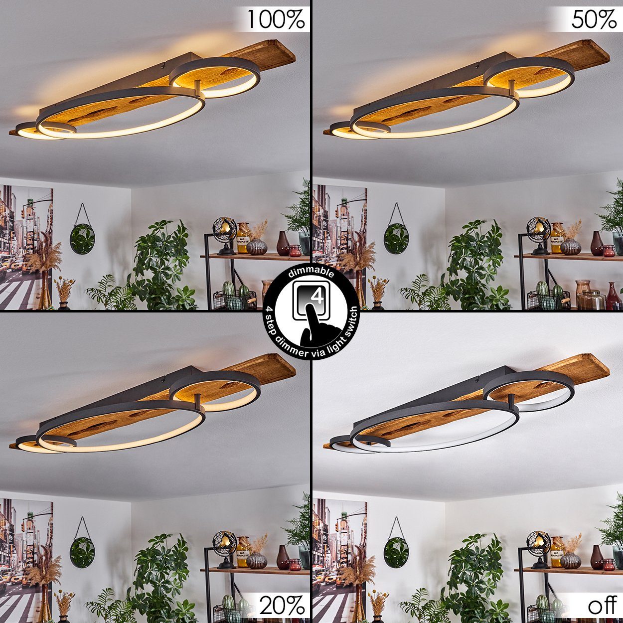 hofstein Deckenleuchte Deckenlampe aus Metall/Holz/Kunststoff in Anthazit/Natur/Weiß, LED fest integriert, 3000 Kelvin, dimmbar über Lichtschalter, 4600 Lumen, LED 40 Watt