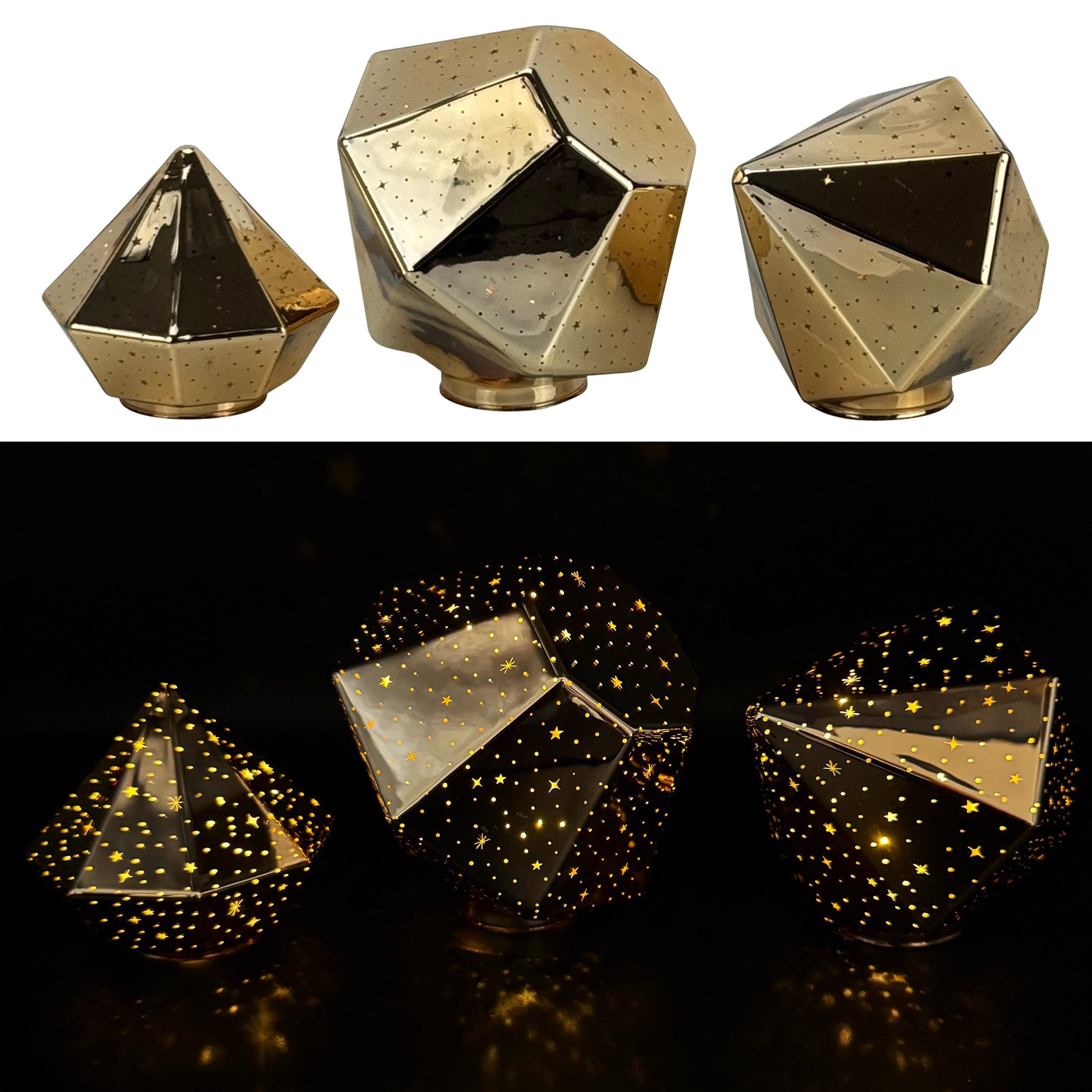 Online-Fuchs LED Dekoobjekt Stimmungslicht - 3 Diamanten aus Glas mit LED-Lichterkette & Timer, Dauerleuchten oder sichter Funkeleffekt, warmweiße LED-Beleuchtung, inklusive praktischer 6-Stunden Timerfunktion
