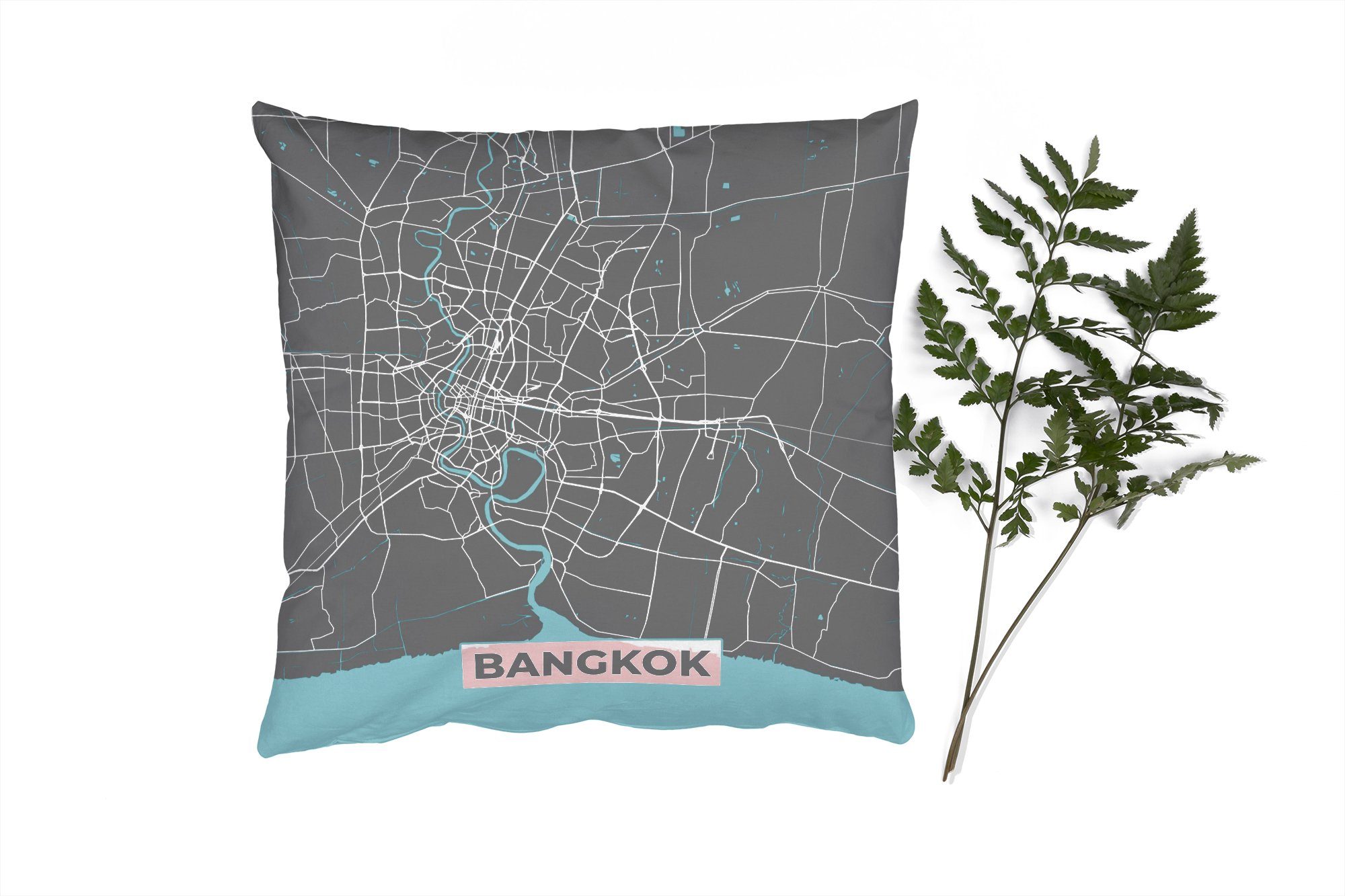 MuchoWow Dekokissen Bangkok - Blau - Karte - Stadtplan, Zierkissen mit Füllung für Wohzimmer, Schlafzimmer, Deko, Sofakissen