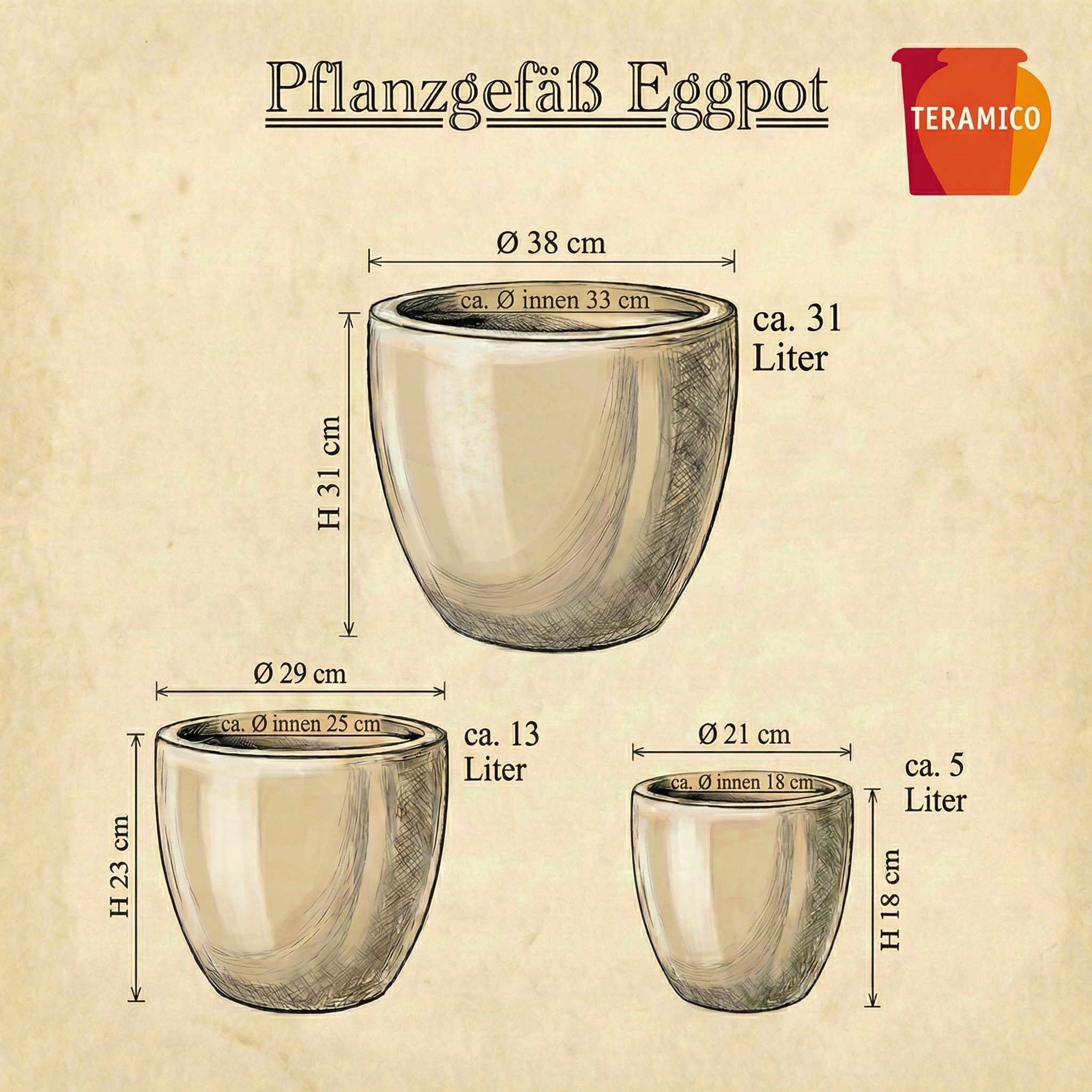 Teramico Blumentopf Pflanzgefäß "Egg Pot" Bronzo – Ø 21 bis 38 cm – Metallic (1 St), Frostfest, UV-Fest – Bild 5 von 5