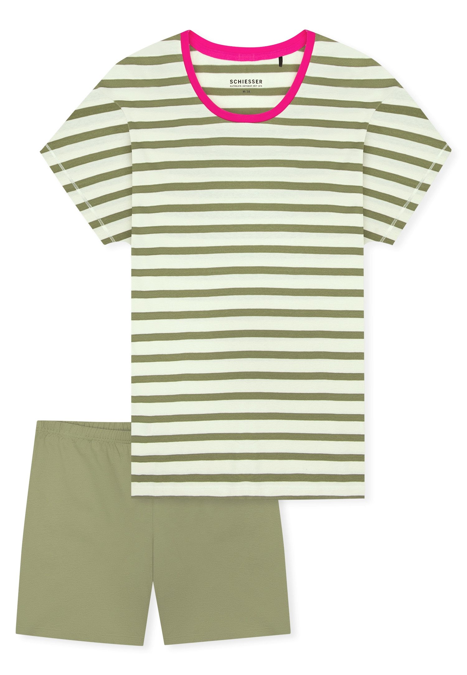 Schiesser Shorty Casual Essentials (2 tlg., 2tlg) mit unifarbenem Shirt und gestreifter Hose
