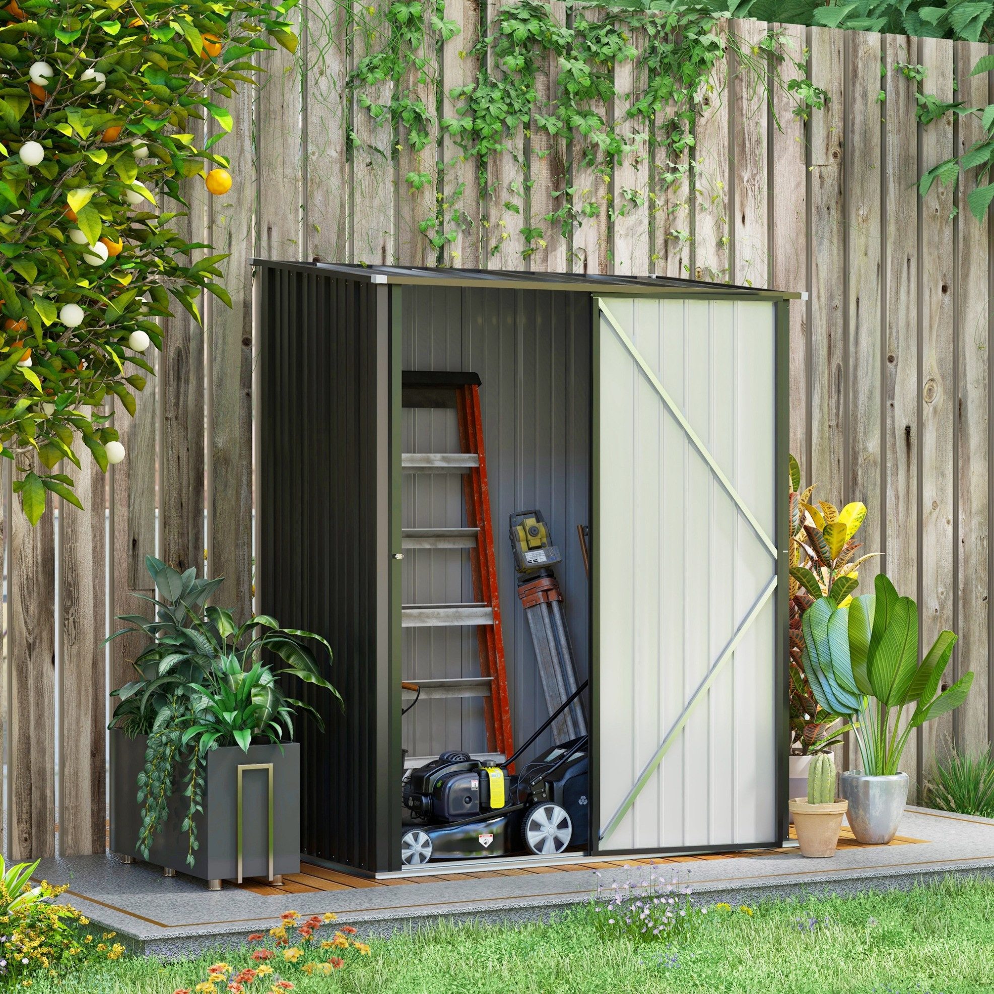 REDOM Gerätehaus Gartenhaus Geräteschrank Schwarz 161,5x94,5x196 cm, BxT: 161.5x94.5 cm, (Packung, 1 St., Gartenhaus zur Aufbewahrung von Werkzeugen für Garten & Terrasse), Aufbewahrungsschrank Metall mit Schloss und Pultdach Garten