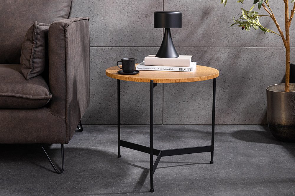 riess-ambiente Couchtisch FUSION 50cm natur/schwarz - Eichenholz, Furnier, Metall, Baumscheibe (Einzelartikel, 1-St), Dreifuß Beistelltisch - ideal für Wohnzimmer, Loft, oder TV-Ecke