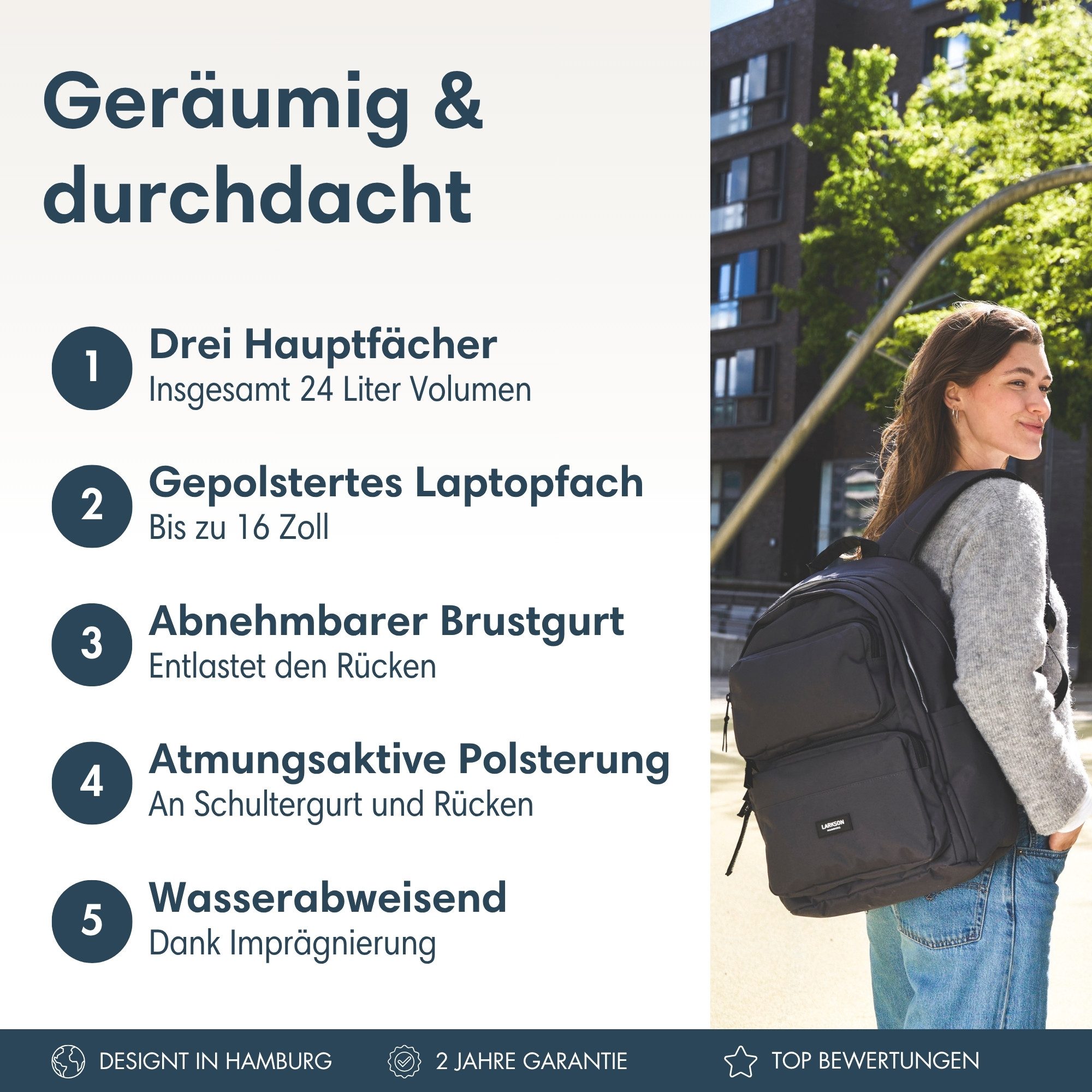 LARKSON Schulrucksack No 3 Advanced Rucksack für Schule, Mädchen Jungen (1-tlg), 3 Hauptfächer, Seitentasche, Laptopfach, Wasserabweisend