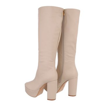 Ital-Design Damen Elegant Plateaustiefel Blockabsatz High-Heel Stiefel in Beige