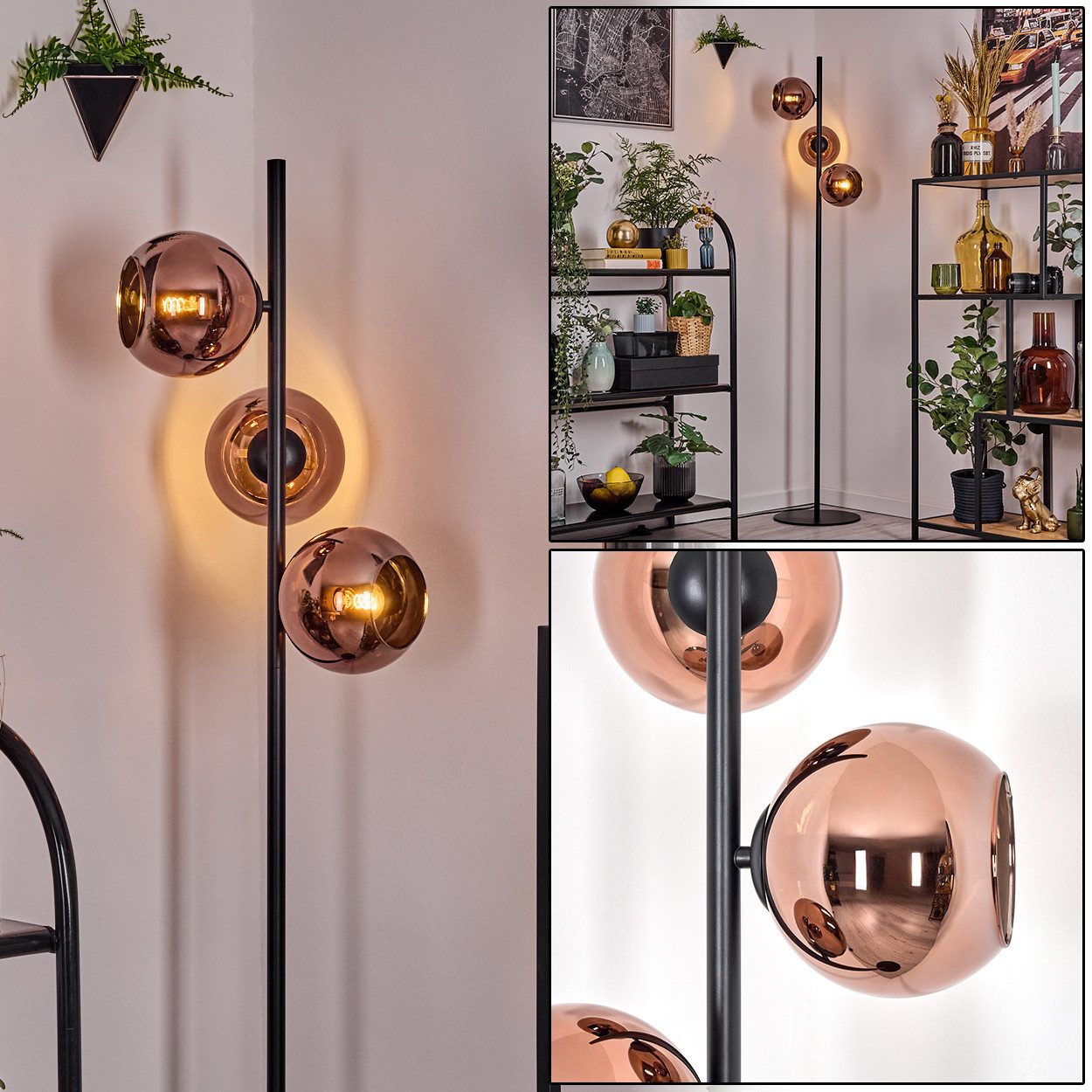 Stehlampe Stehlampe aus Metall/Glas in Schwarz/Kupferfarben