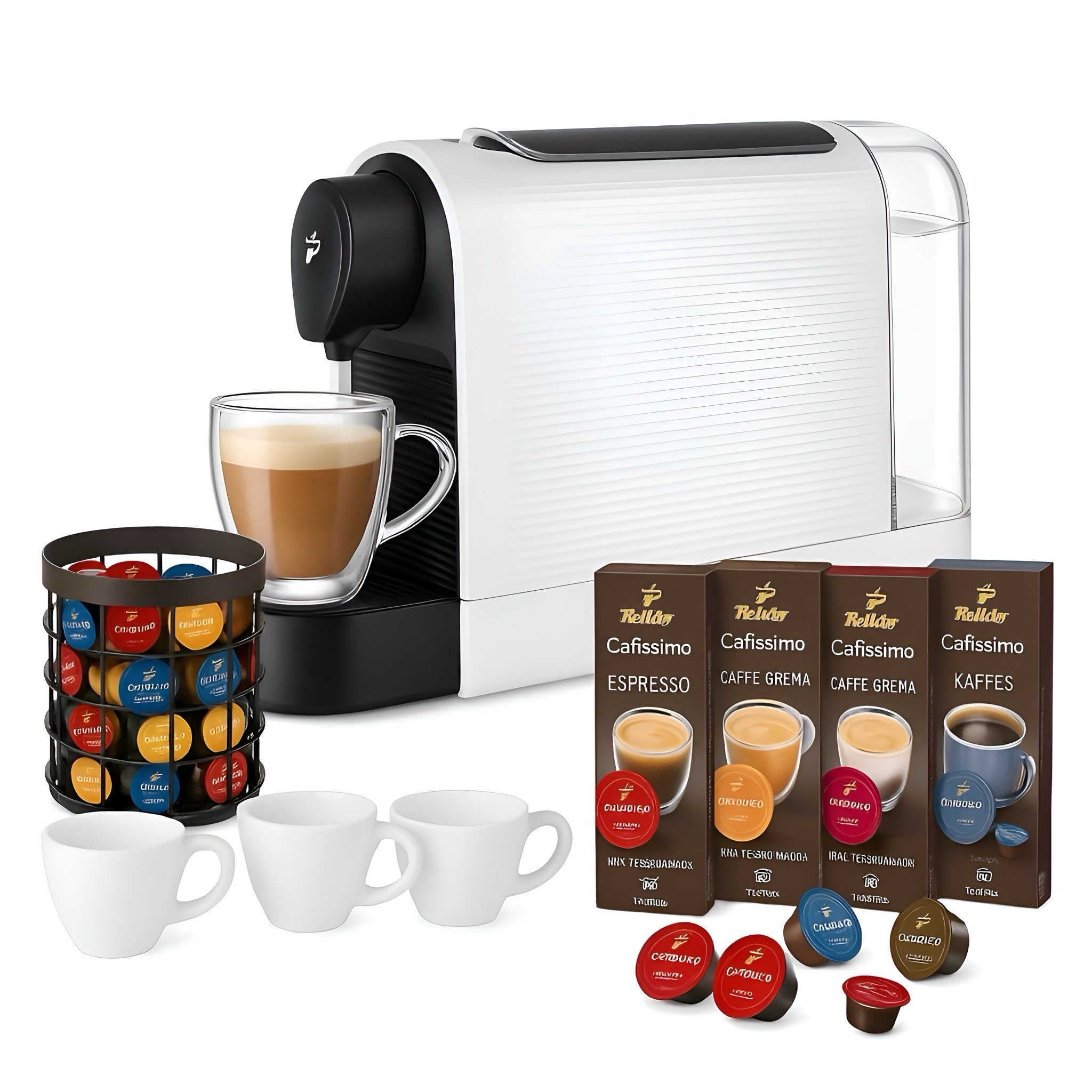 Tchibo Kapselmaschine Cafissimo Pure Plus, mit 50 Kaffeekapseln, Aufbewahrungskorb und 3 Espresso-Gläsern im Set Für perfekten Espresso, Caffè Crema und Kaffee auf Knopfdruck, Zertifizierter nachhaltiger Kaffee aus recyclebaren Kapseln